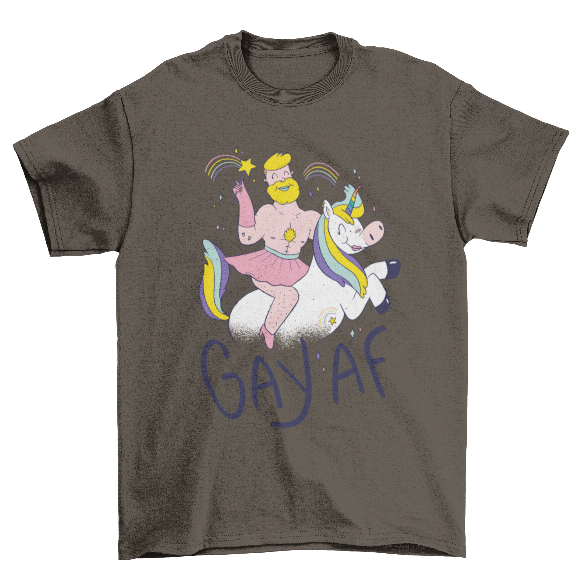 A colorful Gay AF T-shirt featuring a cartoon of a gay man riding a unicorn with bold text.