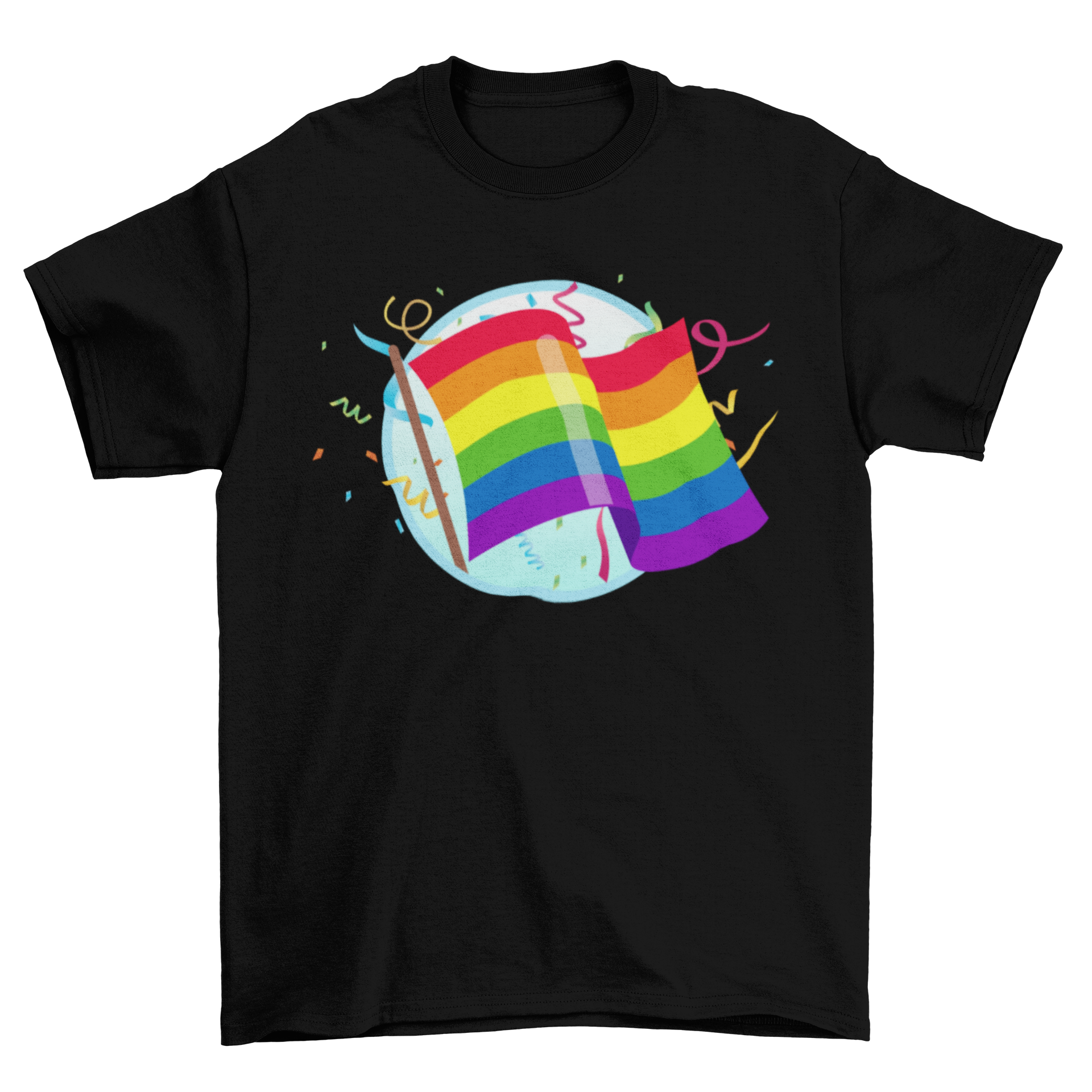 A colorful Gay Pride flag surrounded by vibrant confetti on a t-shirt.