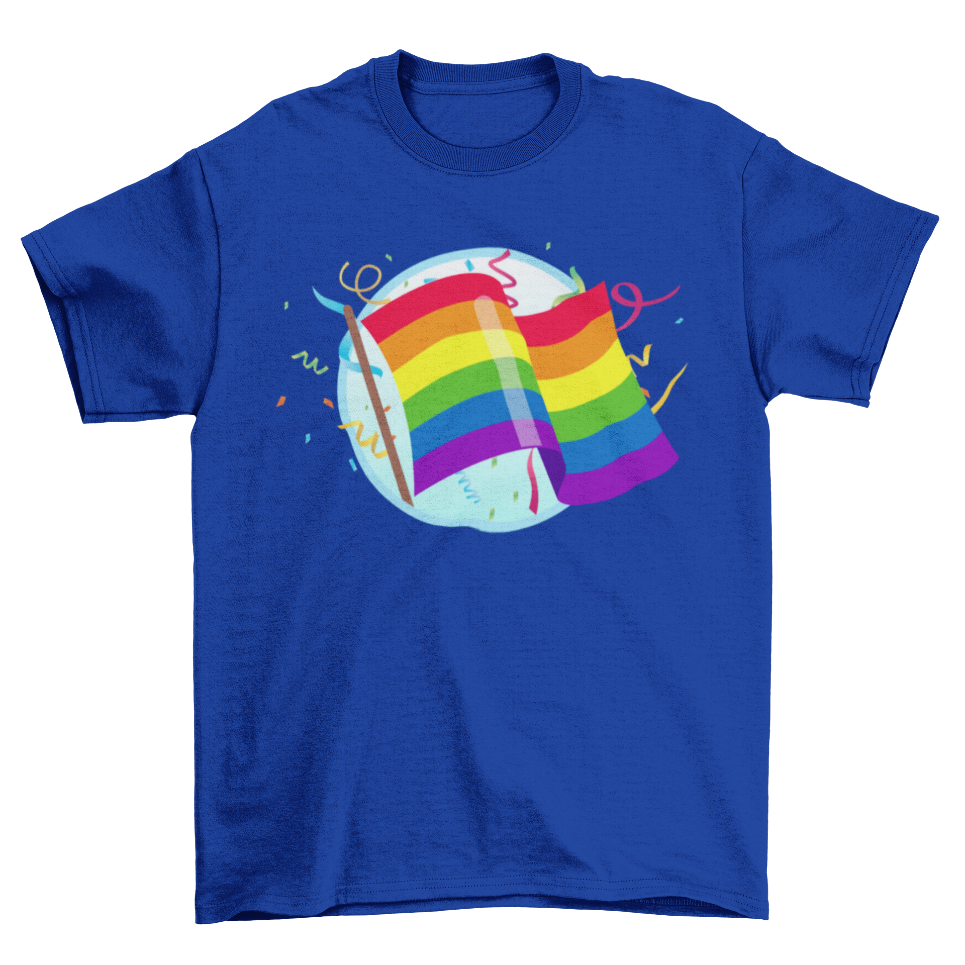 A colorful Gay Pride flag surrounded by vibrant confetti on a t-shirt.