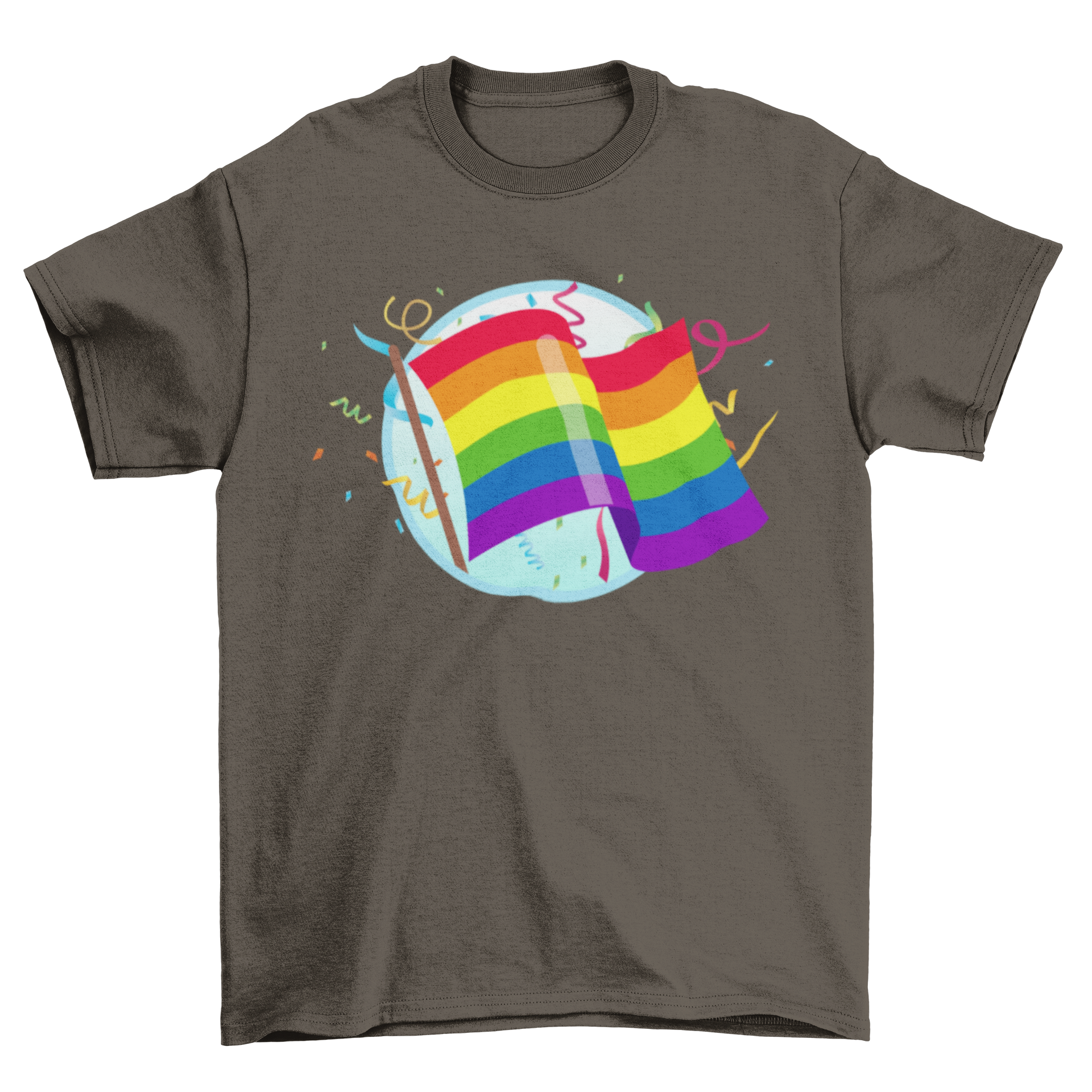 A colorful Gay Pride flag surrounded by vibrant confetti on a t-shirt.