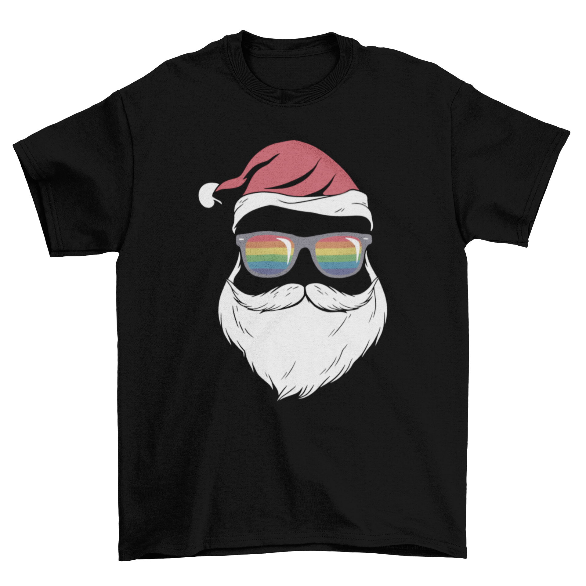 Gay Santa Glasses T-shirt featuring Santa Claus silhouette with colorful gay pride flag sunglasses.