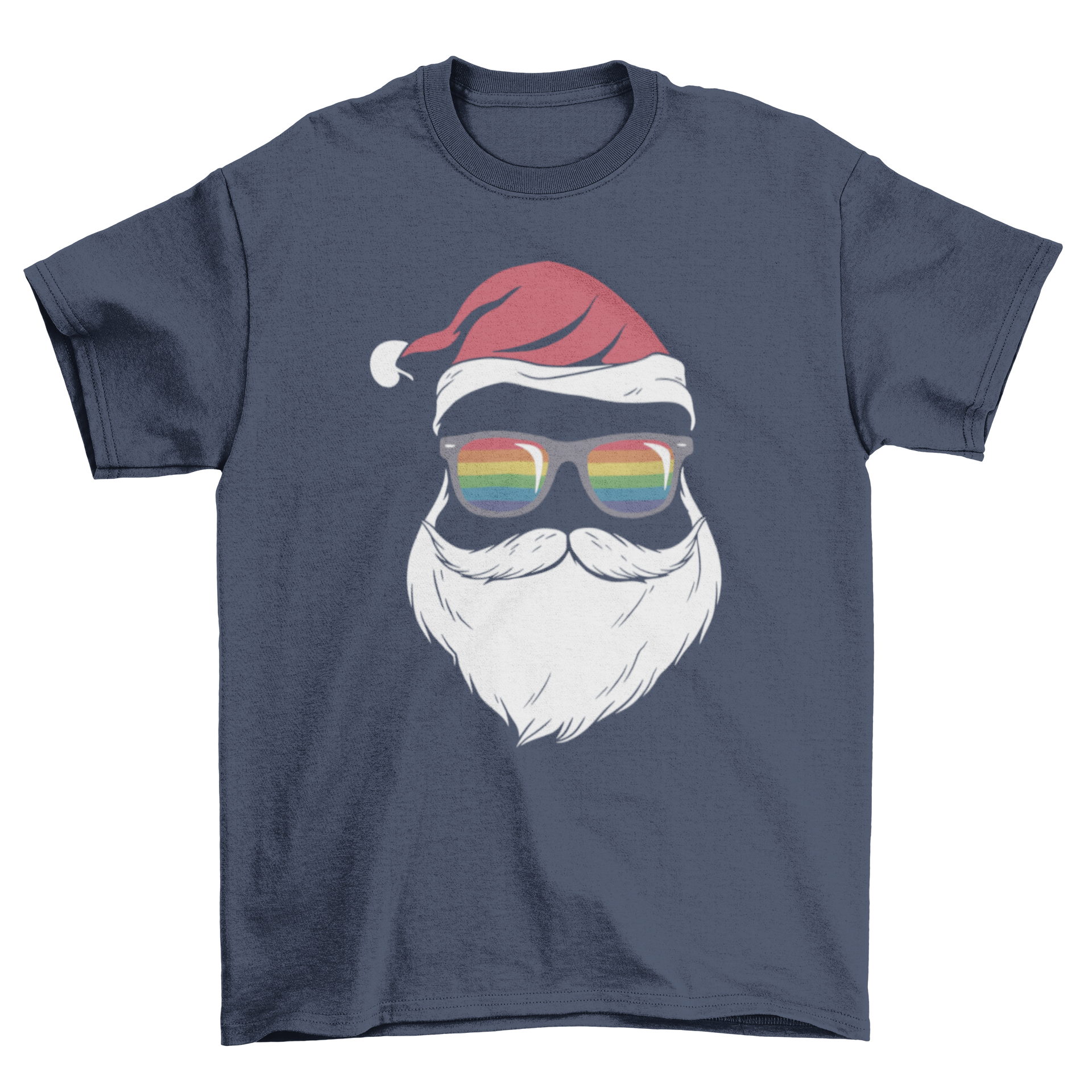 Gay Santa Glasses T-shirt featuring Santa Claus silhouette with colorful gay pride flag sunglasses.