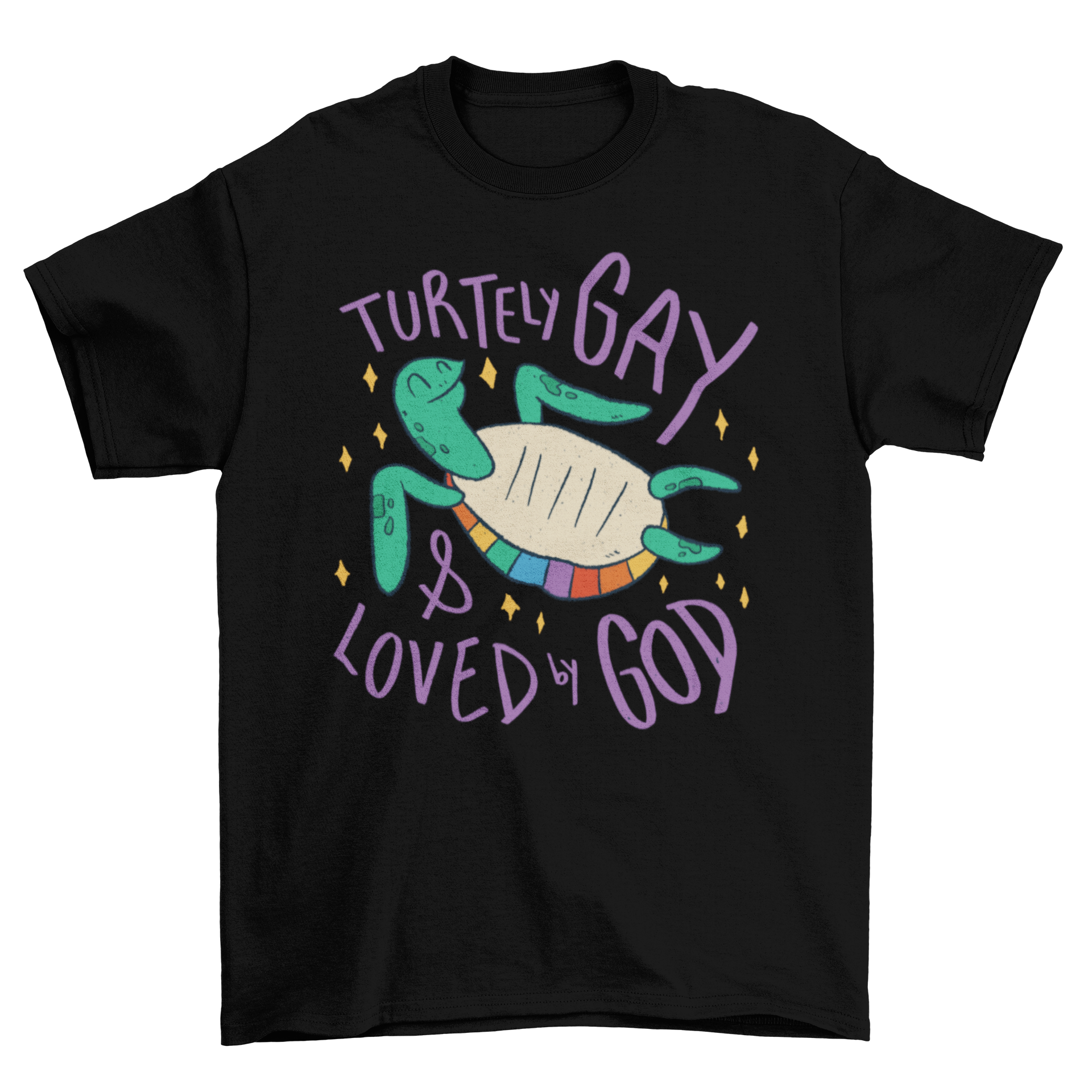 Gay Turtle T-shirt featuring a colorful turtle design with pride colors and the quote 'TURTELY GAY & LOVED BY GOD'.