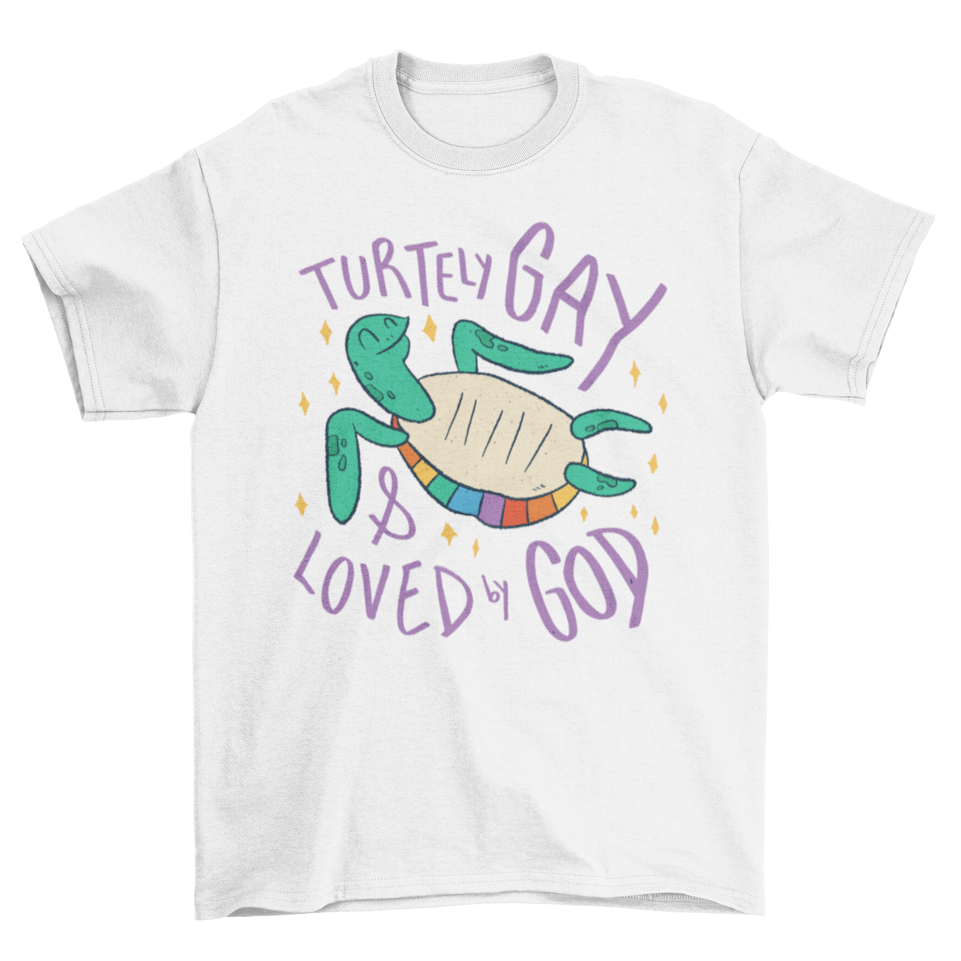 Gay Turtle T-shirt featuring a colorful turtle design with pride colors and the quote 'TURTELY GAY & LOVED BY GOD'.