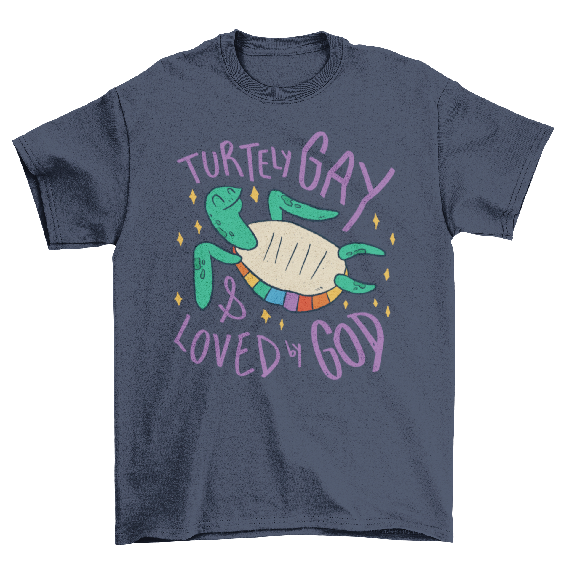 Gay Turtle T-shirt featuring a colorful turtle design with pride colors and the quote 'TURTELY GAY & LOVED BY GOD'.