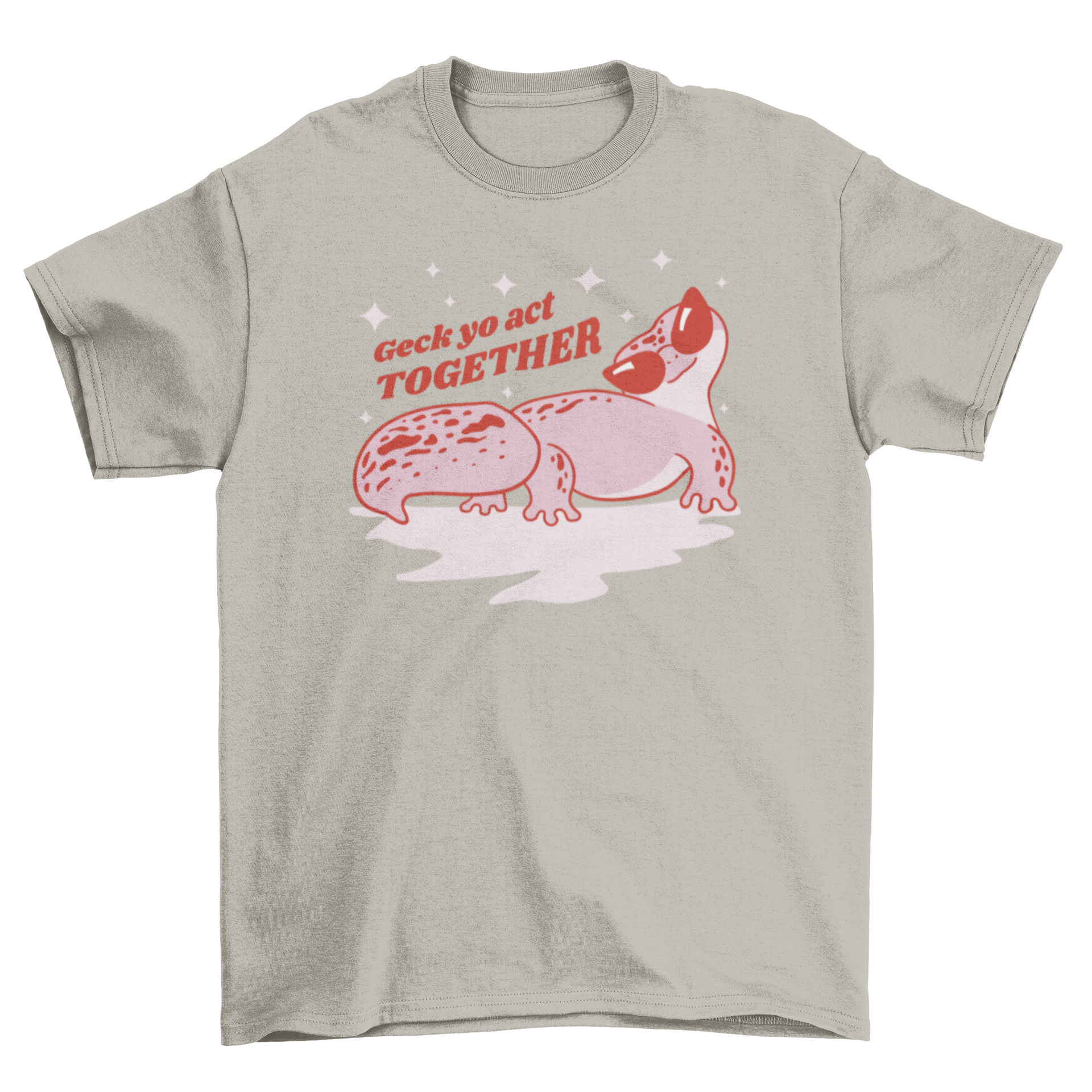 A cute t-shirt featuring a sassy gecko wearing sunglasses with the quote 'Geck yo act together'.