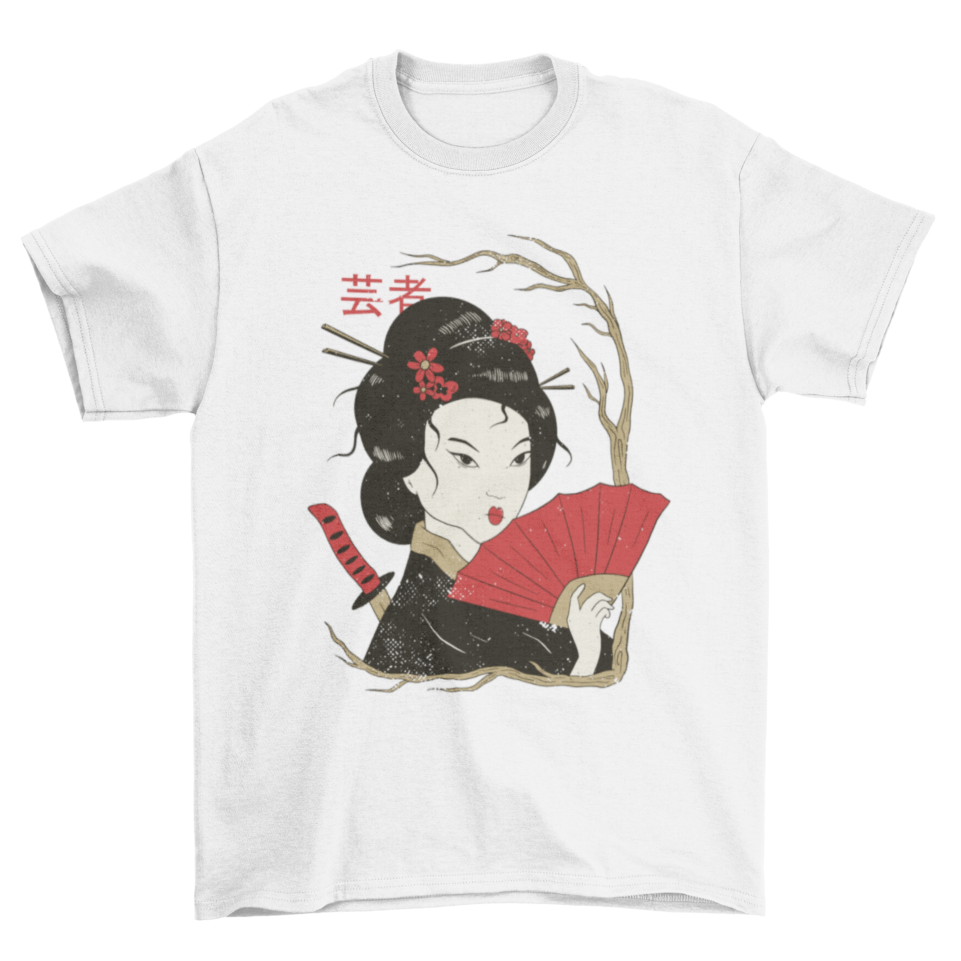 A stylish Geisha Illustration T-shirt featuring a detailed and colorful design of a traditional Japanese geisha.