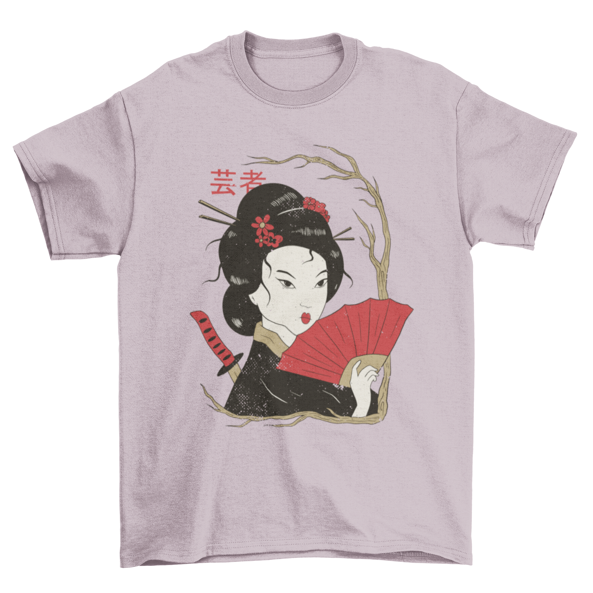 A stylish Geisha Illustration T-shirt featuring a detailed and colorful design of a traditional Japanese geisha.