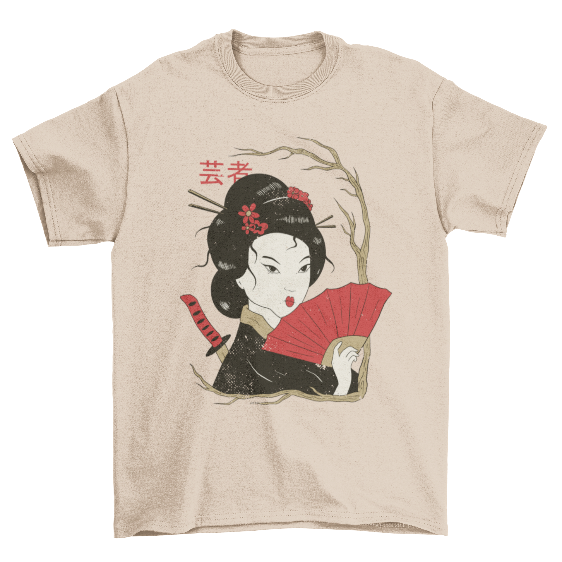 A stylish Geisha Illustration T-shirt featuring a detailed and colorful design of a traditional Japanese geisha.