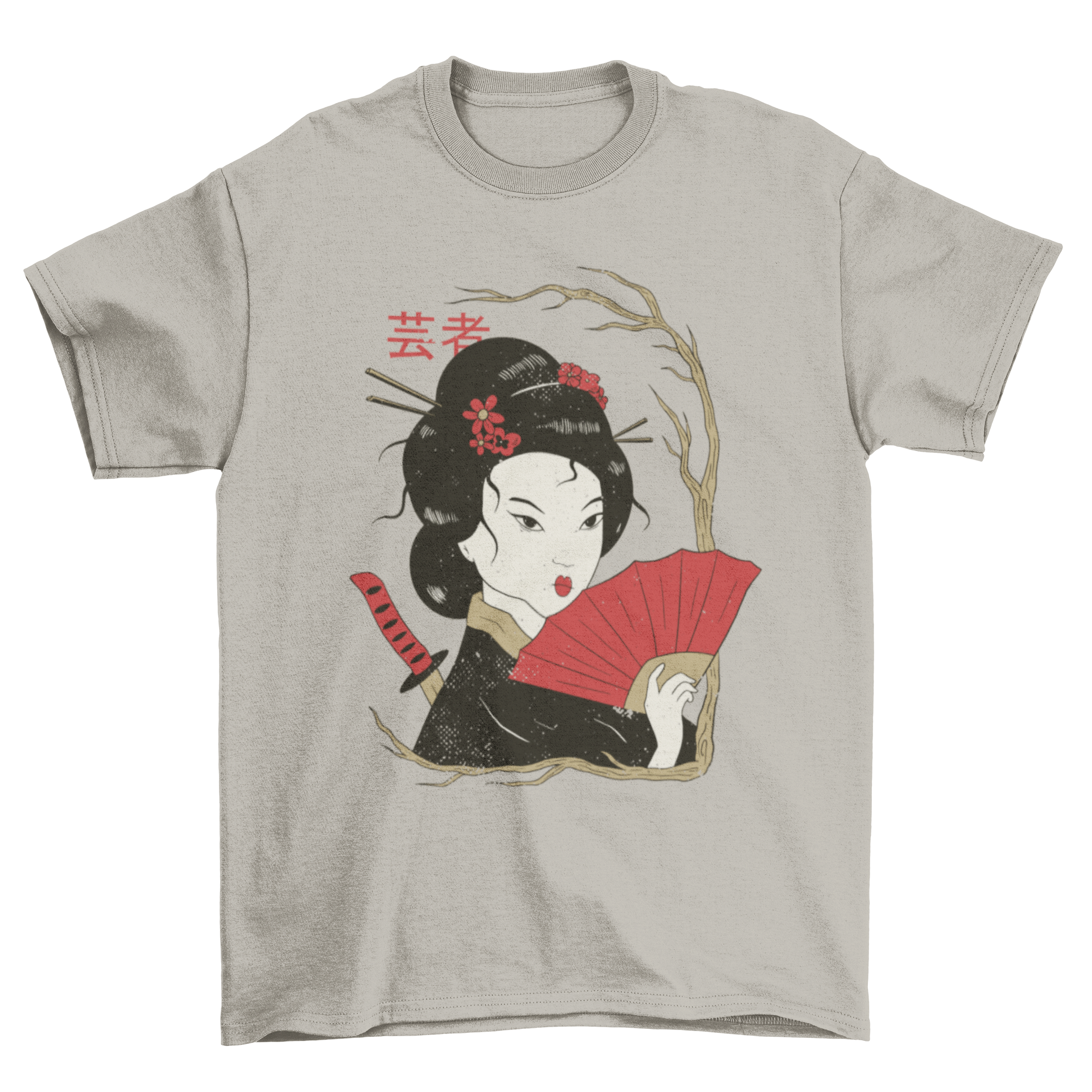 A stylish Geisha Illustration T-shirt featuring a detailed and colorful design of a traditional Japanese geisha.