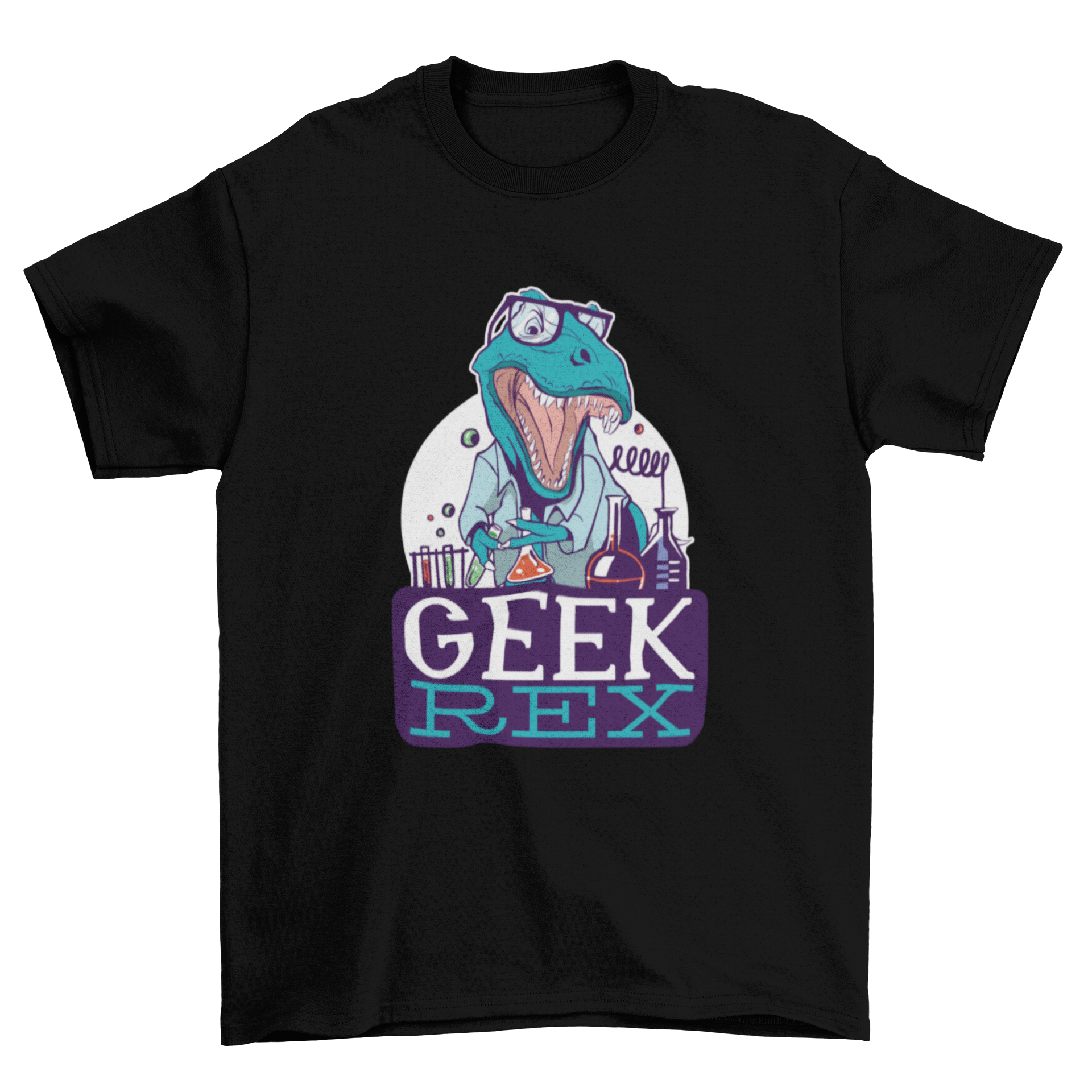 Geek Rex T-shirt featuring a dinosaur scientist design with the caption 'Geek Rex'.