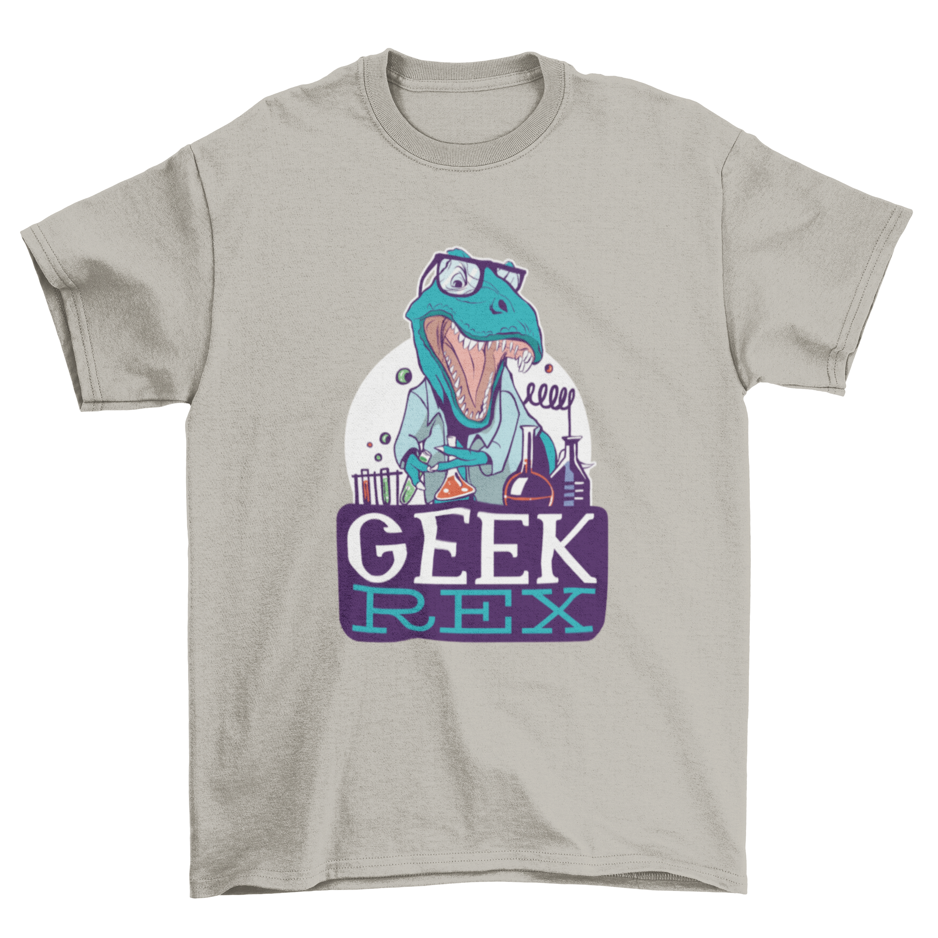 Geek Rex T-shirt featuring a dinosaur scientist design with the caption 'Geek Rex'.