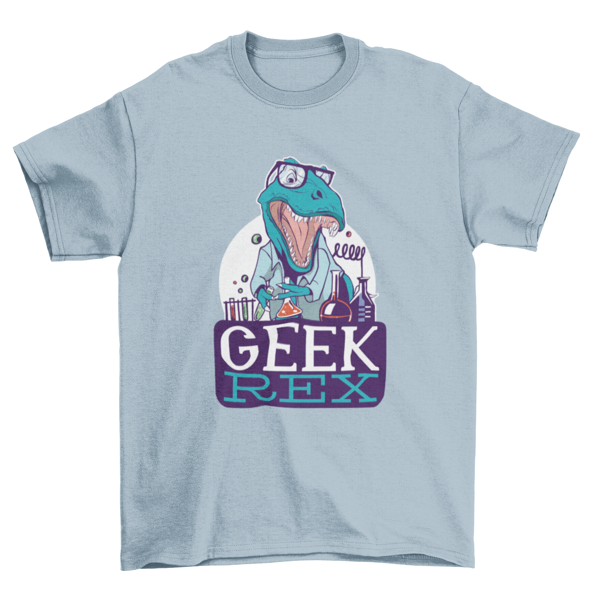 Geek Rex T-shirt featuring a dinosaur scientist design with the caption 'Geek Rex'.