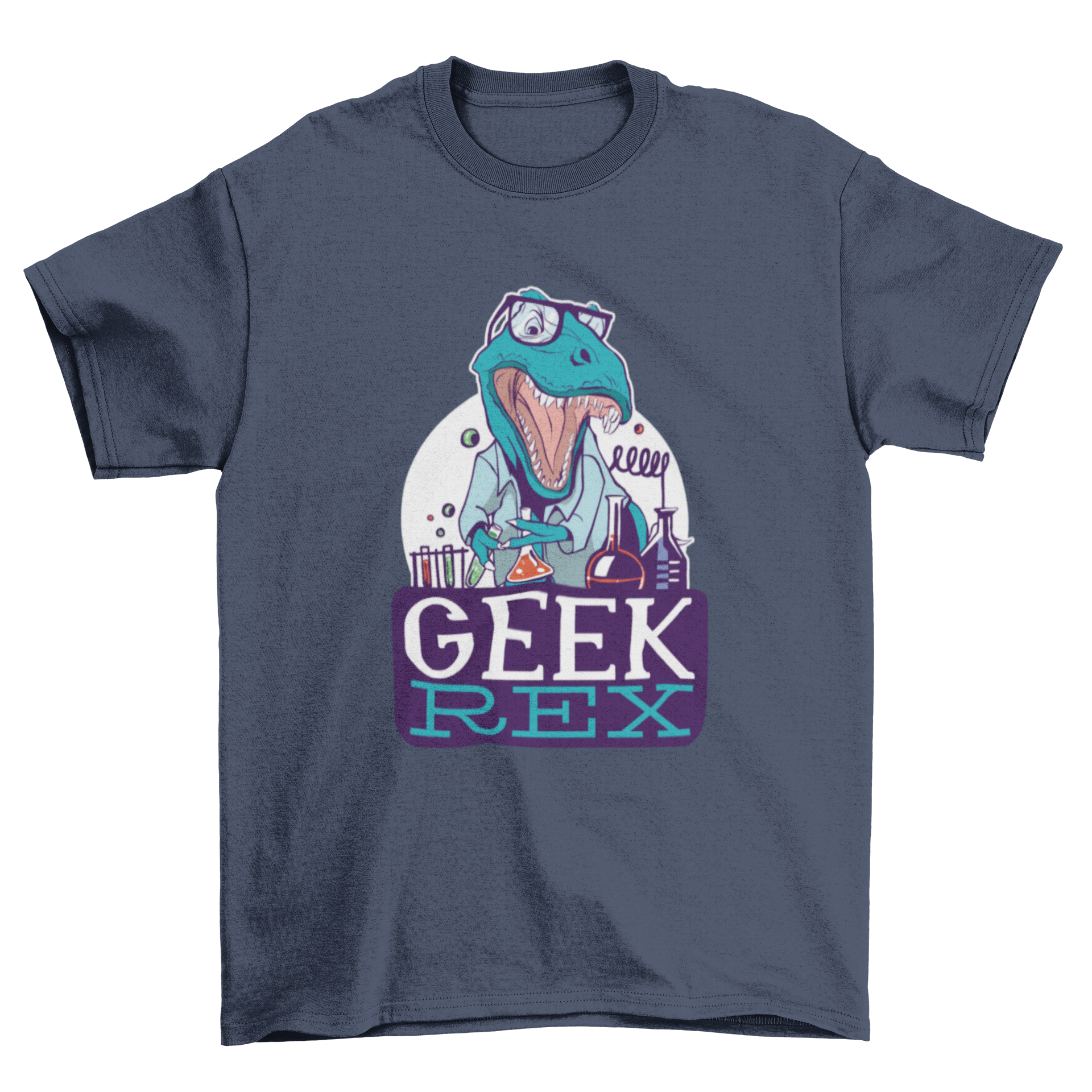 Geek Rex T-shirt featuring a dinosaur scientist design with the caption 'Geek Rex'.