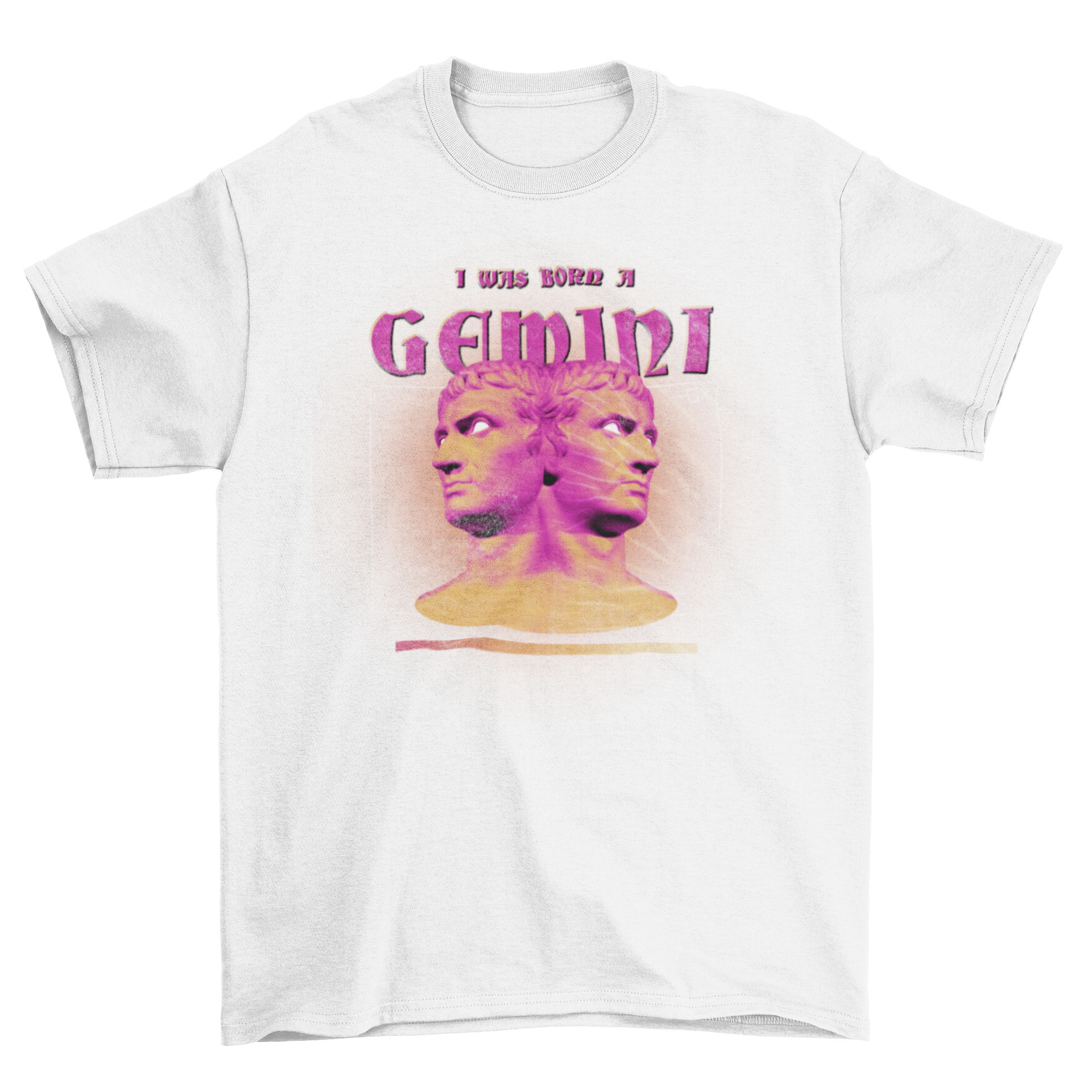 Gemini horoscope t-shirt featuring twin characters and the quote 'I was born a gemini'.