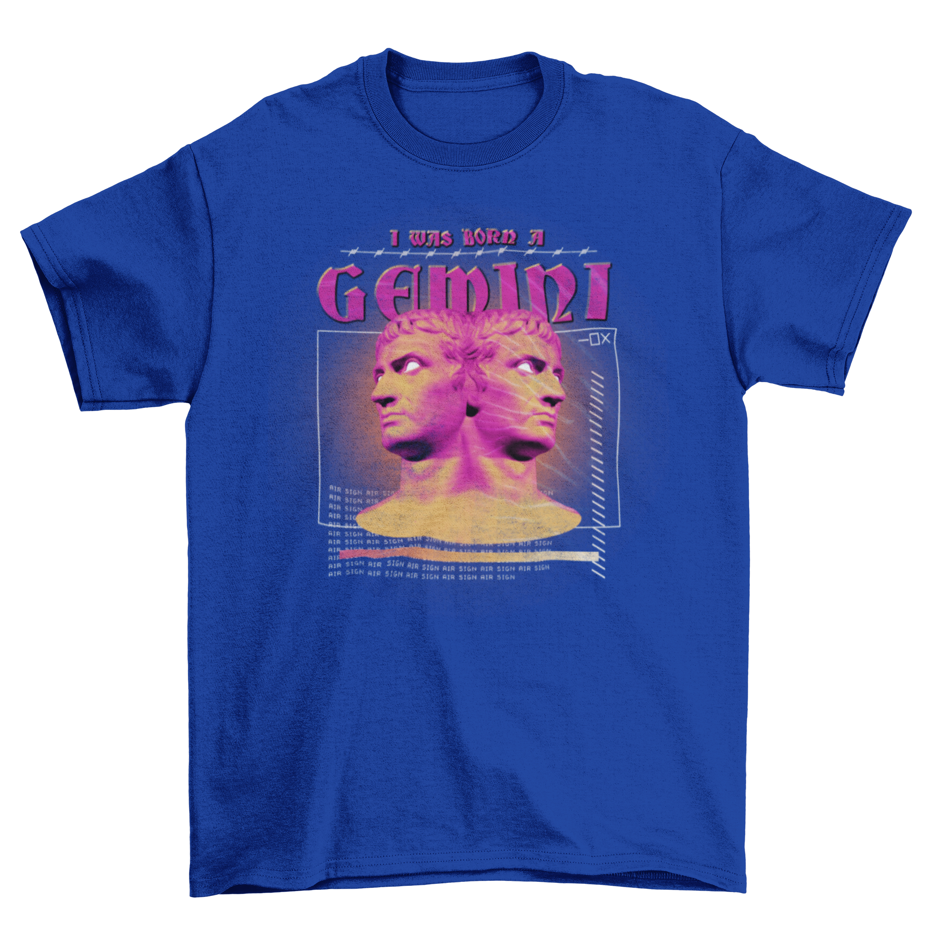 Gemini horoscope t-shirt featuring twin characters and the quote 'I was born a gemini'.