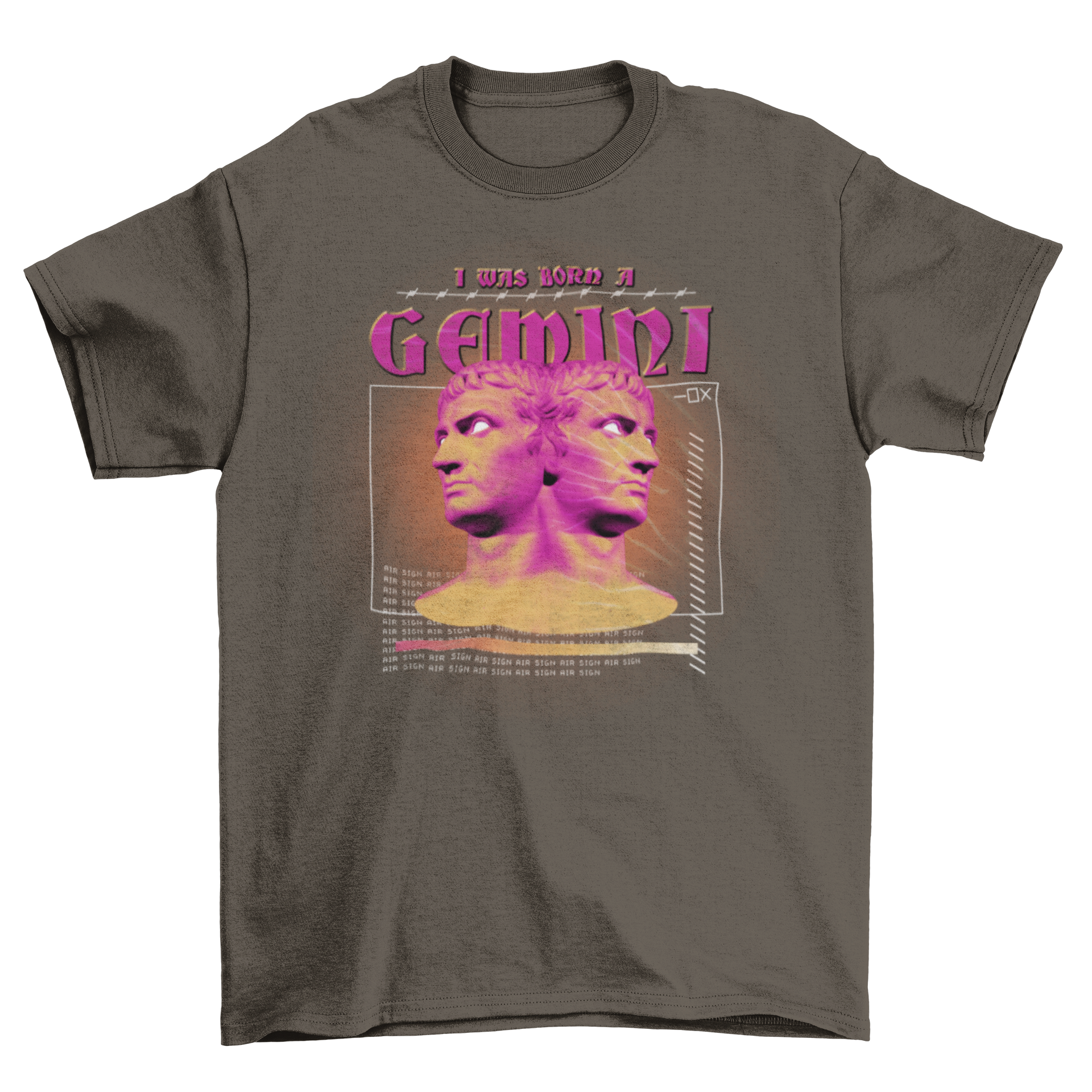 Gemini horoscope t-shirt featuring twin characters and the quote 'I was born a gemini'.