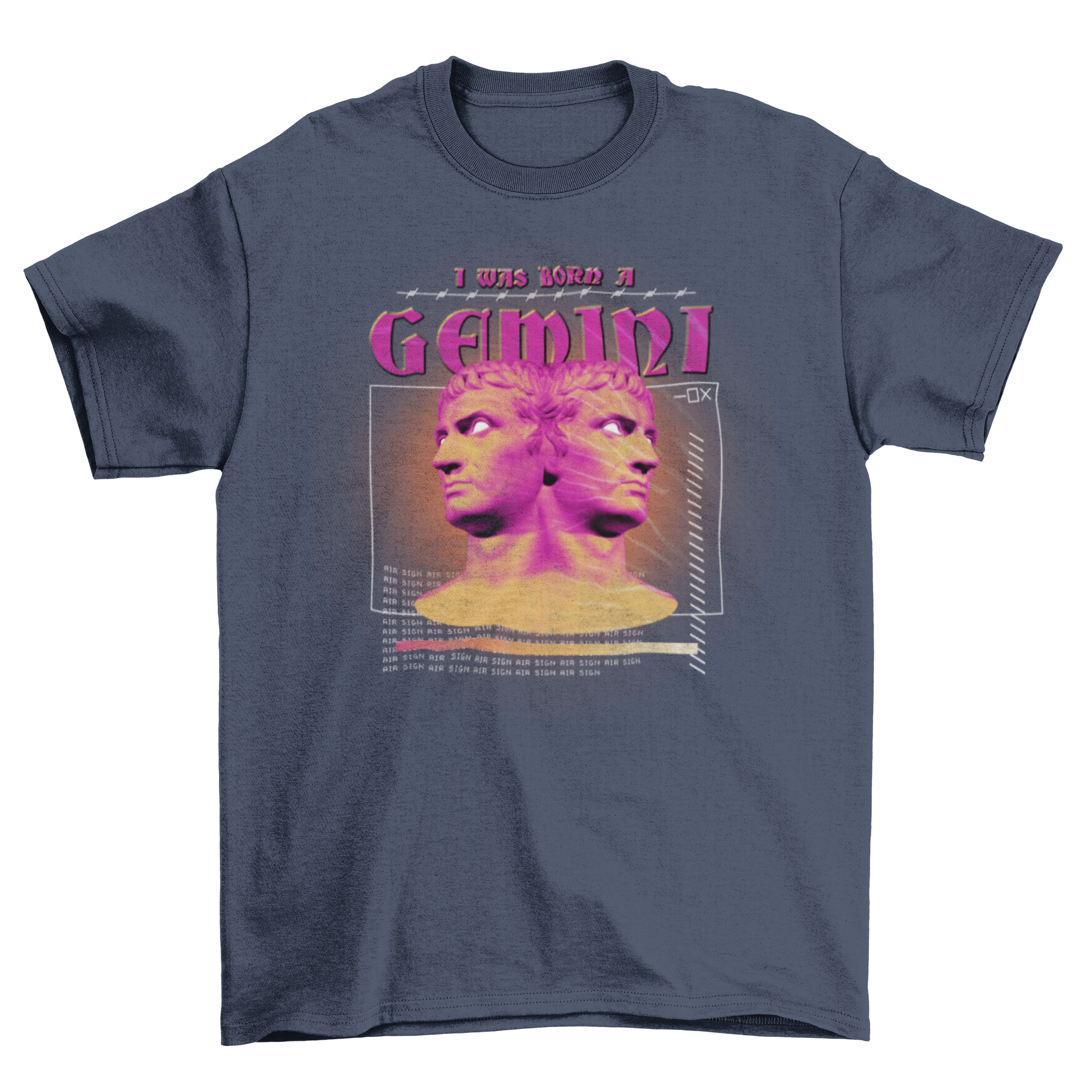 Gemini horoscope t-shirt featuring twin characters and the quote 'I was born a gemini'.