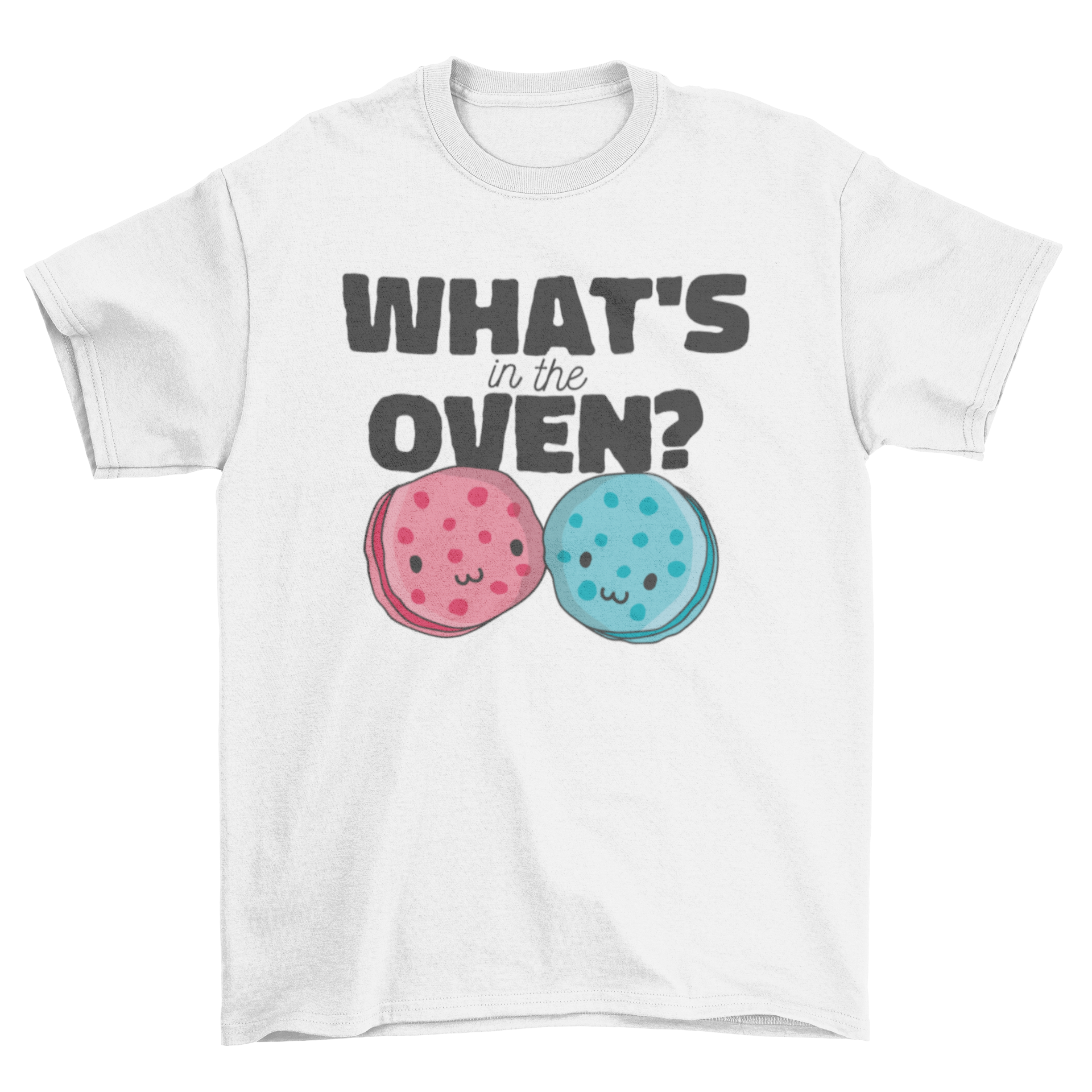 A cute t-shirt featuring a pink and blue cookie design with the quote 'What's in the oven?' in a playful font.