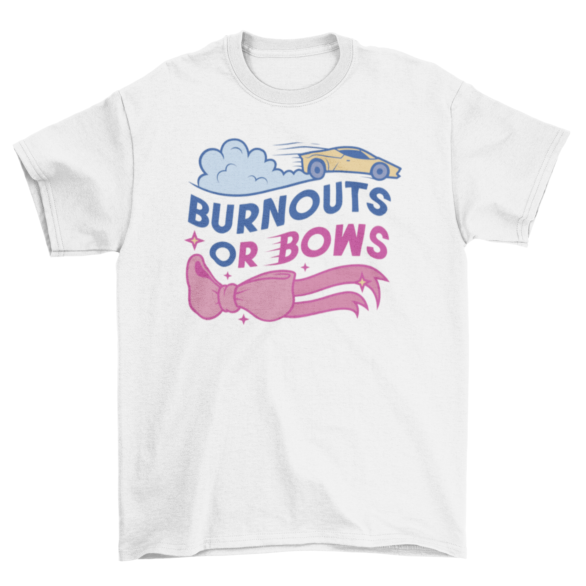 Gender reveal t-shirt featuring a car and pink ribbon with the quote 'Burnouts or bows'.