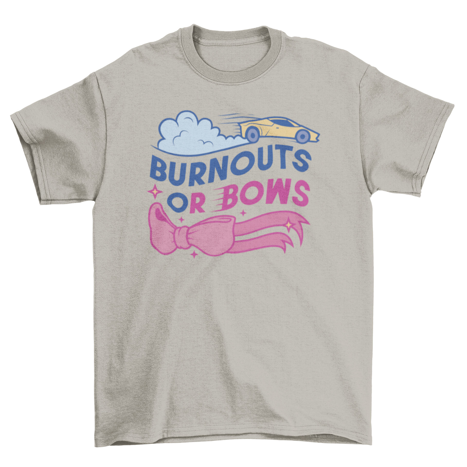 Gender reveal t-shirt featuring a car and pink ribbon with the quote 'Burnouts or bows'.