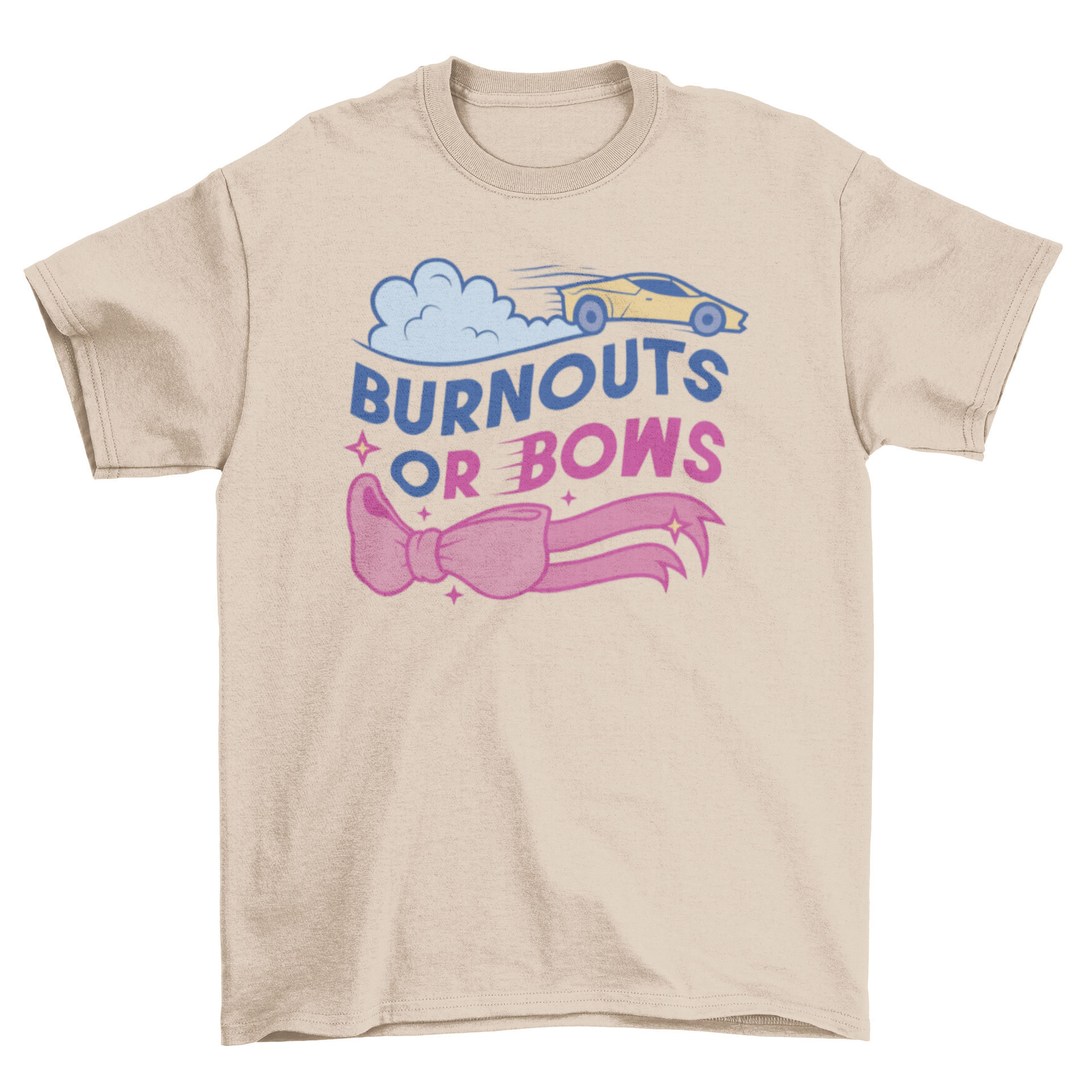 Gender reveal t-shirt featuring a car and pink ribbon with the quote 'Burnouts or bows'.