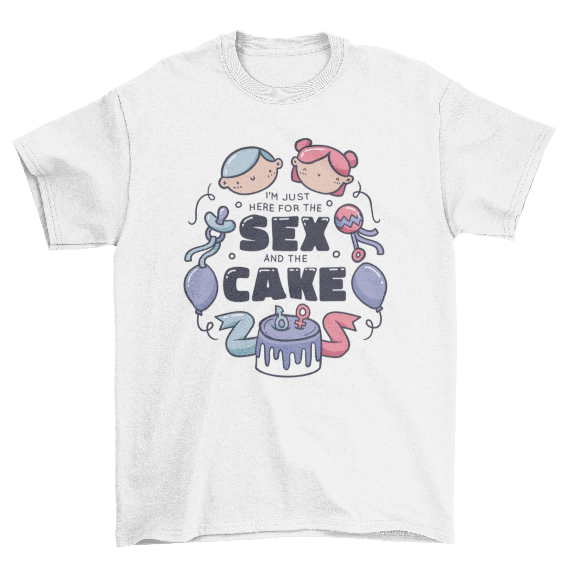 Cute gender reveal t-shirt featuring kawaii babies, toys, balloons, and a humorous quote.