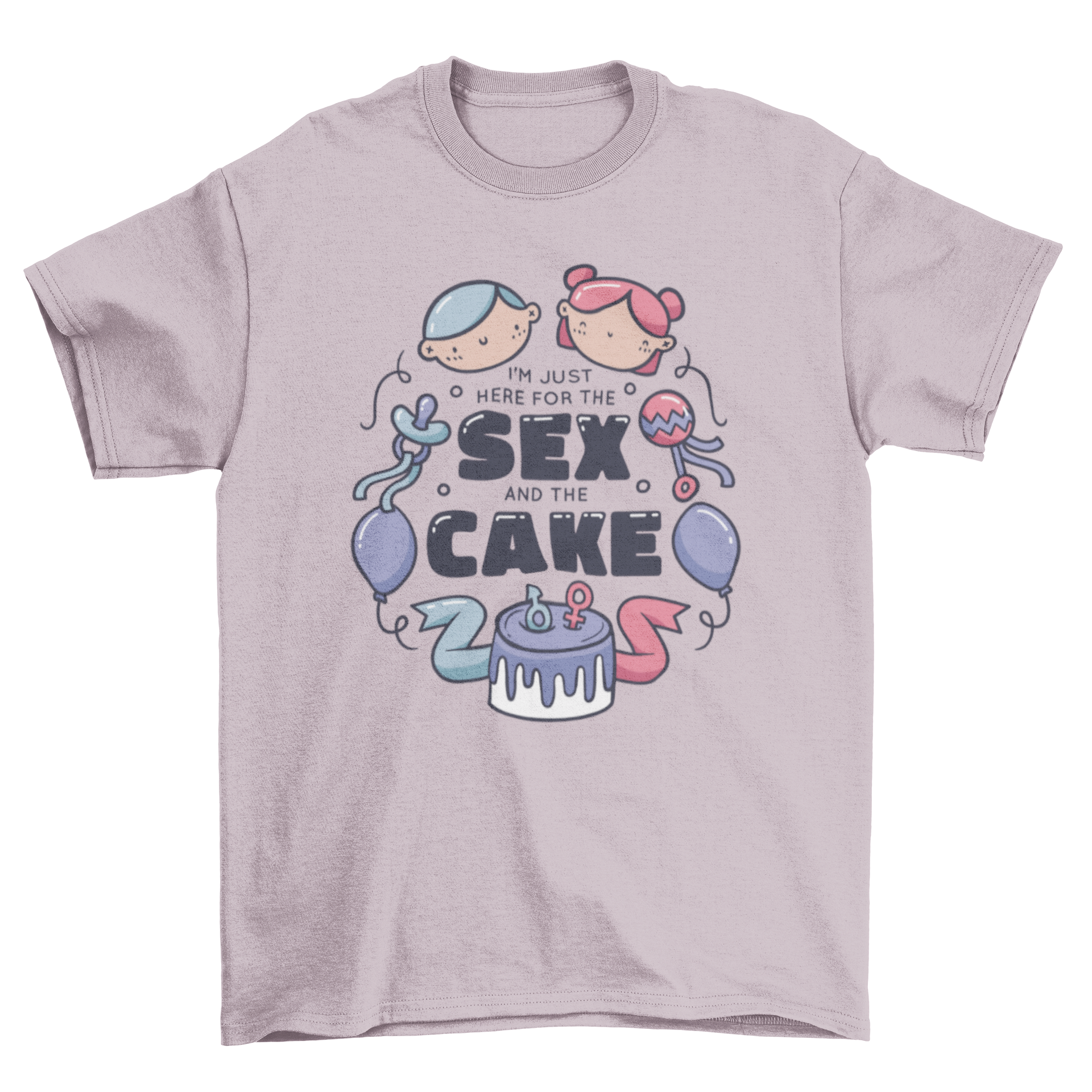 Cute gender reveal t-shirt featuring kawaii babies, toys, balloons, and a humorous quote.