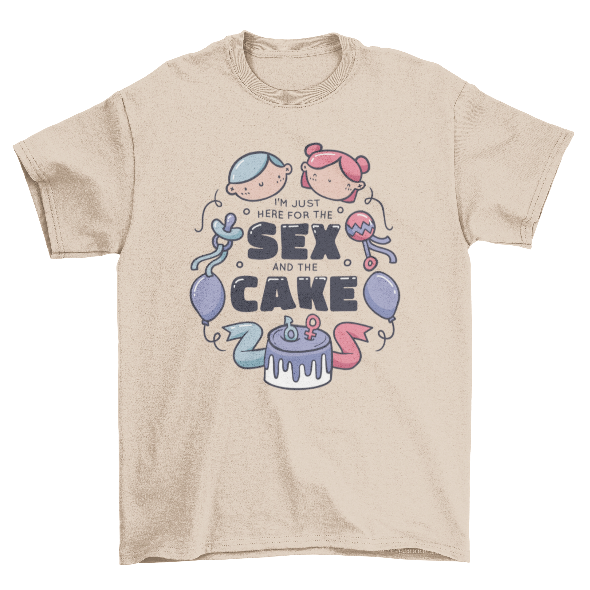 Cute gender reveal t-shirt featuring kawaii babies, toys, balloons, and a humorous quote.