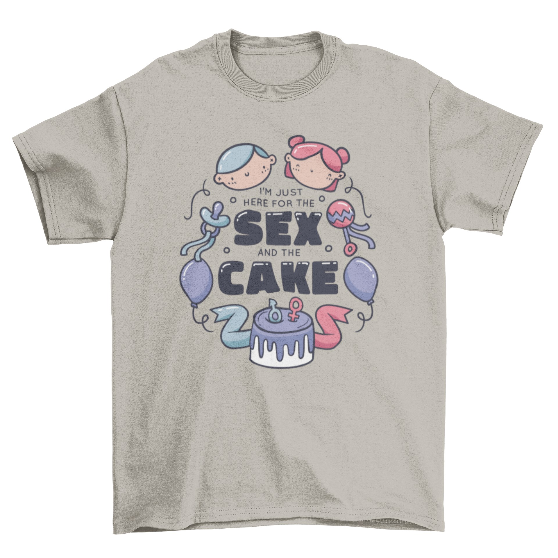 Cute gender reveal t-shirt featuring kawaii babies, toys, balloons, and a humorous quote.