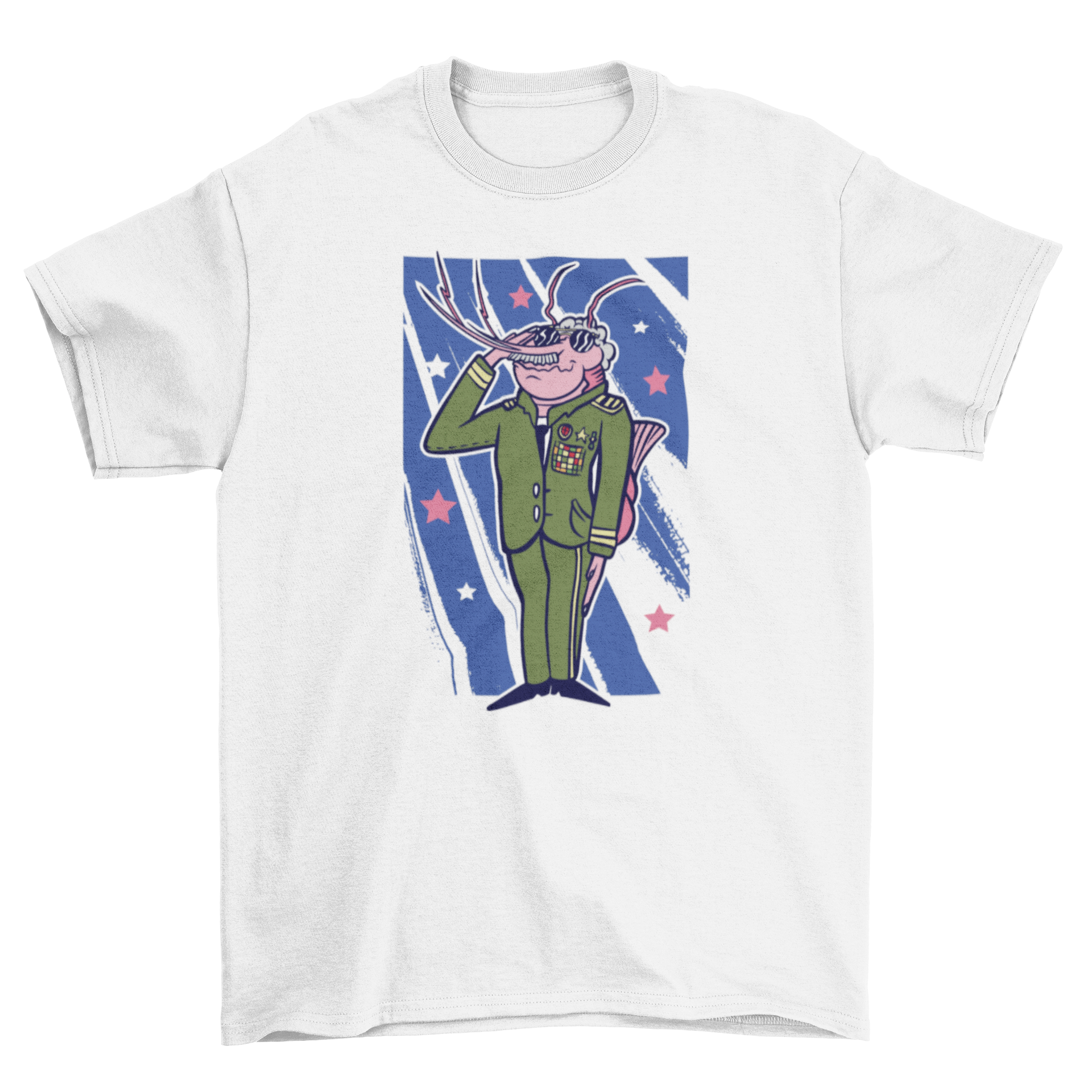 A whimsical t-shirt featuring a shrimp character dressed as an army general, showcasing vibrant colors and a playful design.