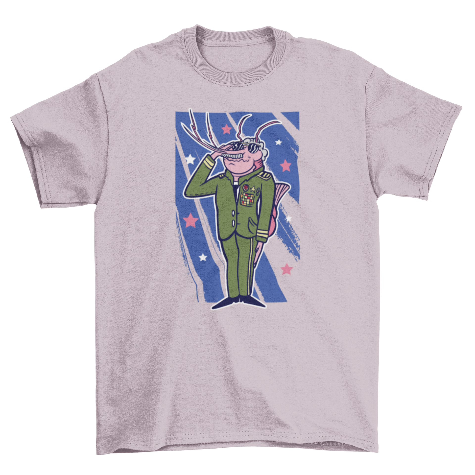 A whimsical t-shirt featuring a shrimp character dressed as an army general, showcasing vibrant colors and a playful design.