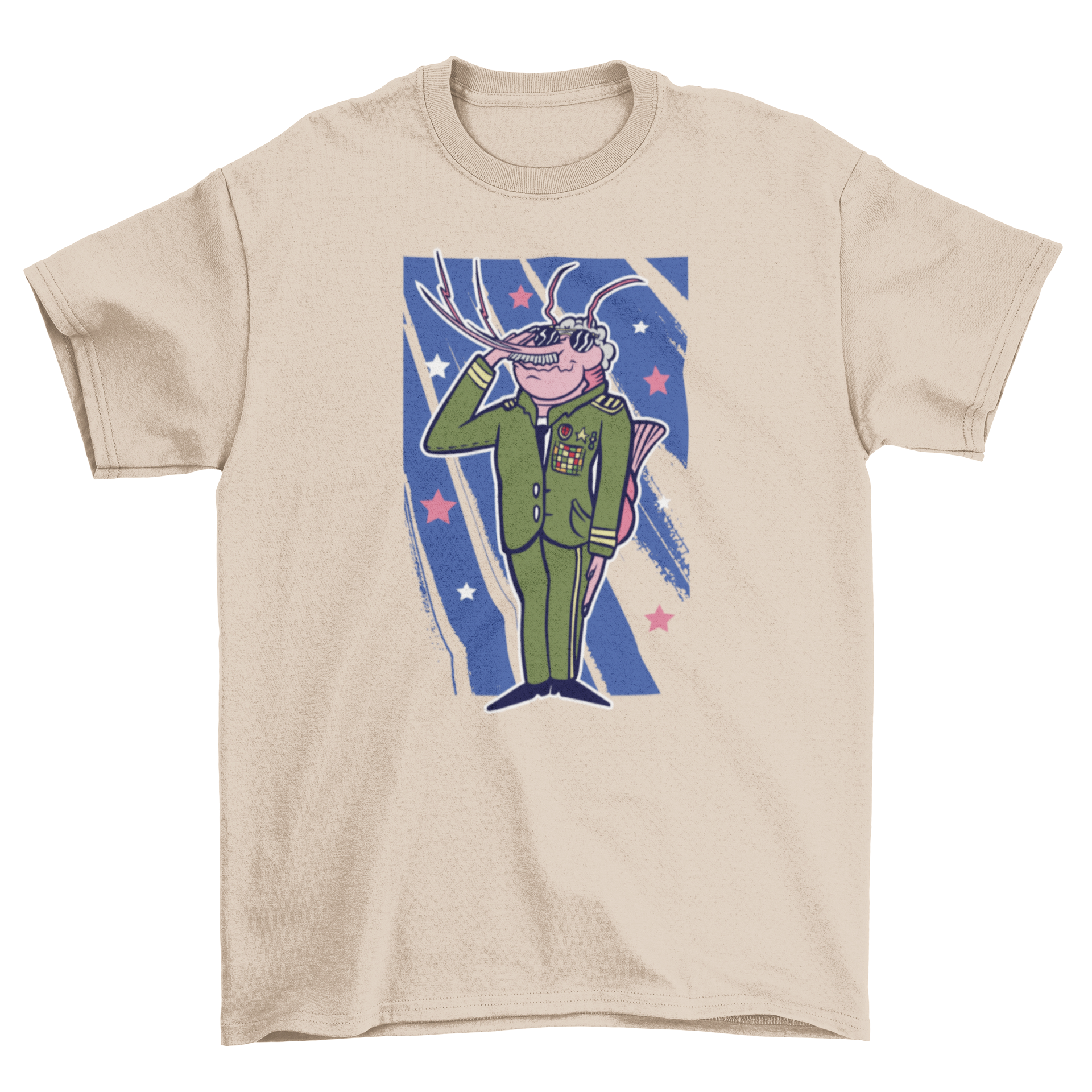 A whimsical t-shirt featuring a shrimp character dressed as an army general, showcasing vibrant colors and a playful design.