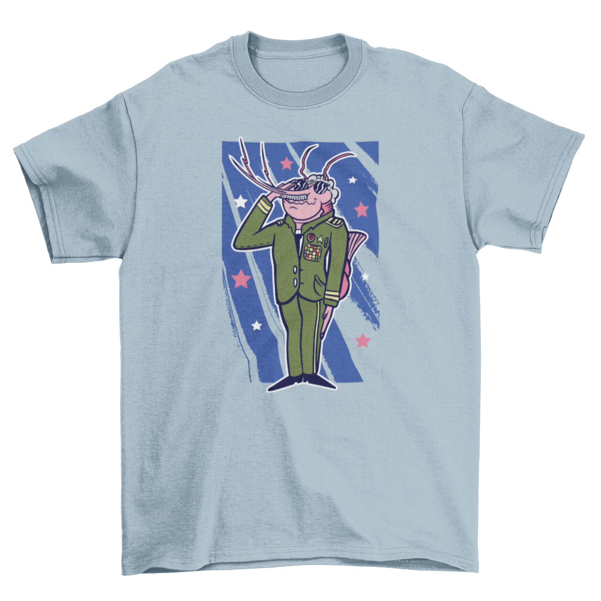 A whimsical t-shirt featuring a shrimp character dressed as an army general, showcasing vibrant colors and a playful design.