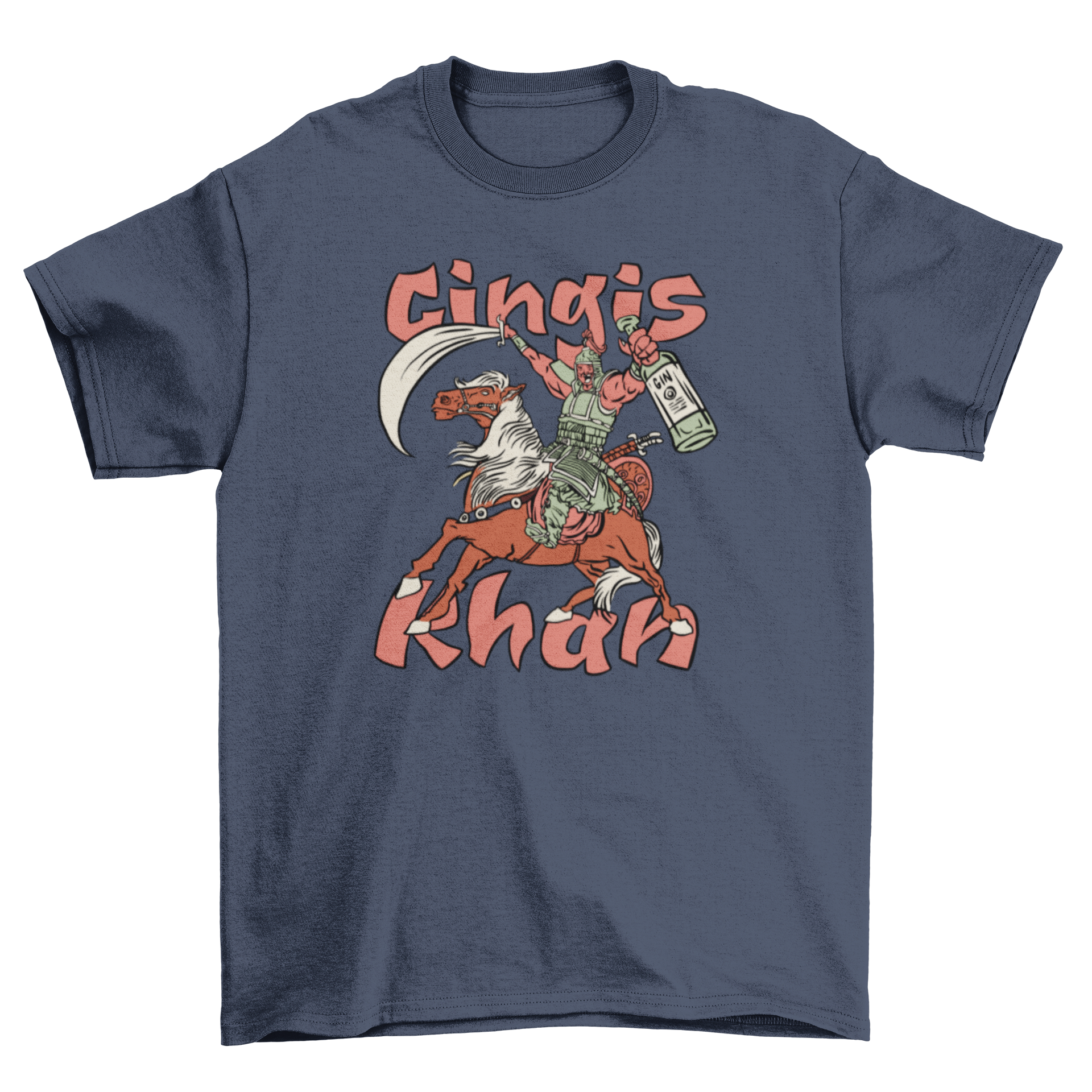 Funny Genghis Khan t-shirt design featuring a horse, sword, and gin bottle.