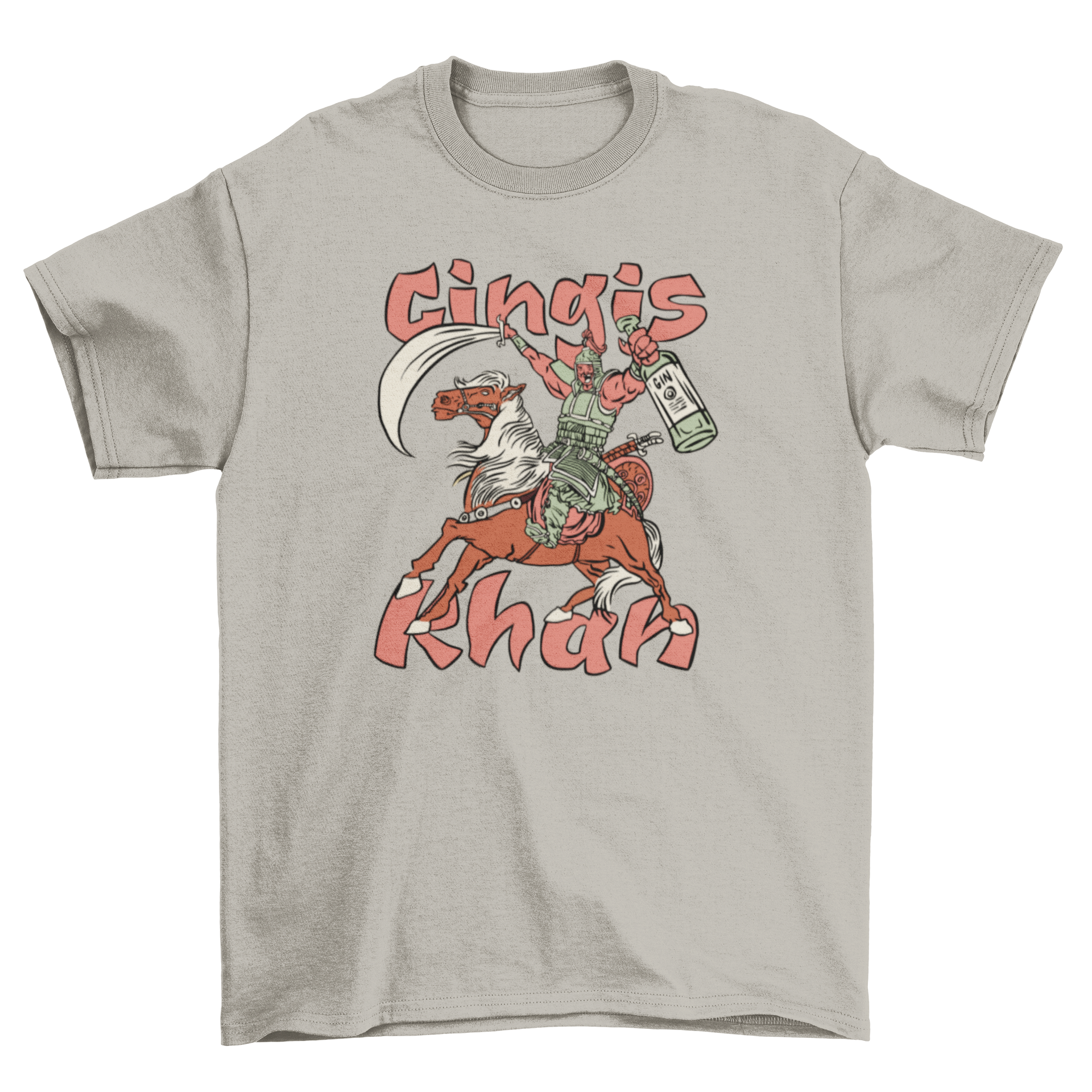 Funny Genghis Khan t-shirt design featuring a horse, sword, and gin bottle.