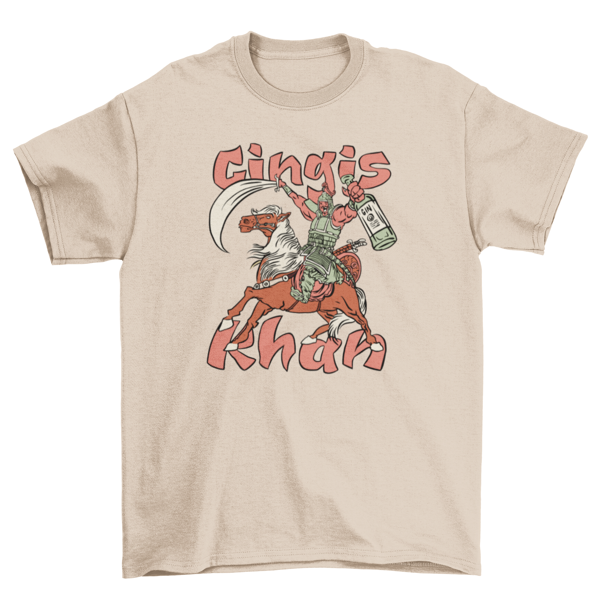 Funny Genghis Khan t-shirt design featuring a horse, sword, and gin bottle.