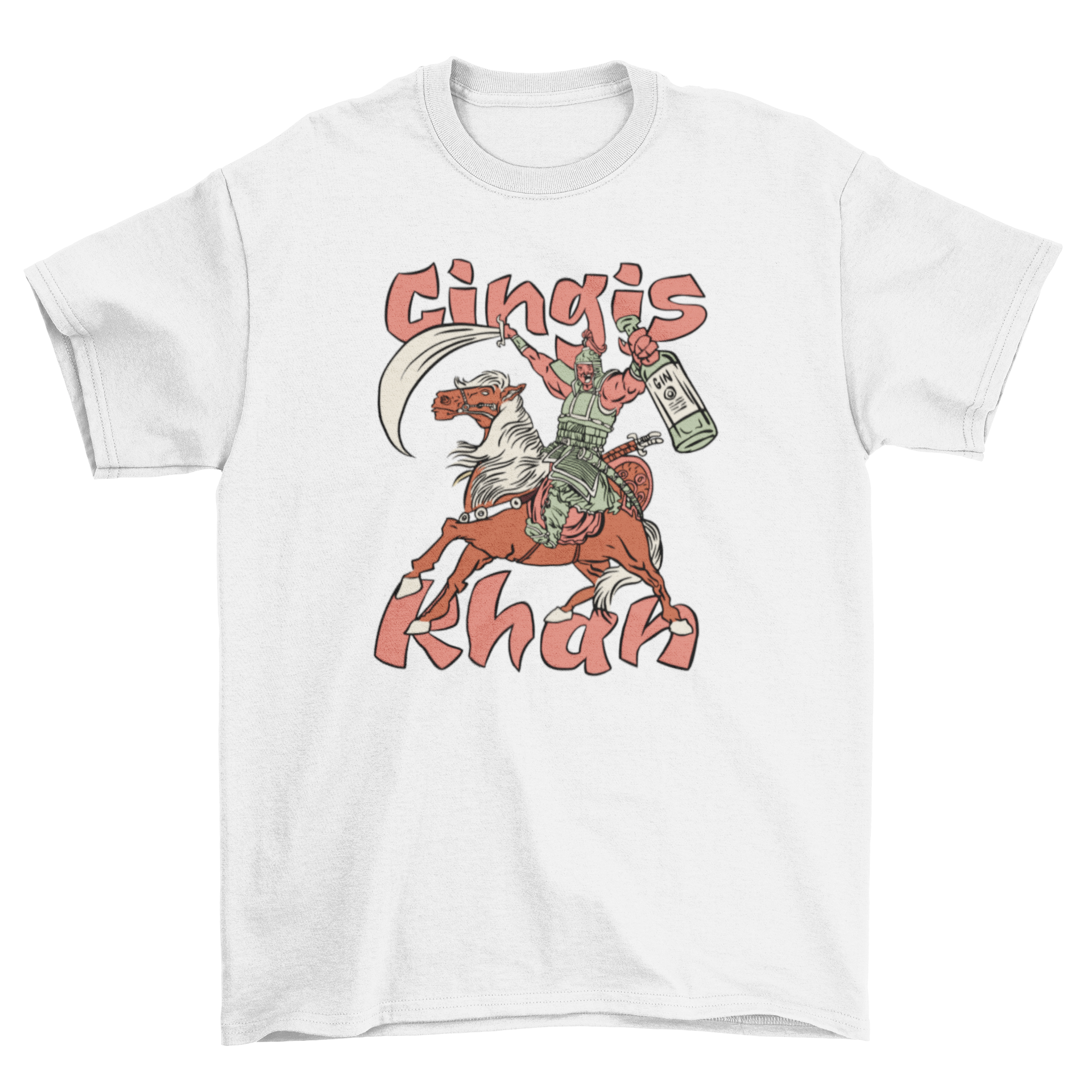 Funny Genghis Khan t-shirt design featuring a horse, sword, and gin bottle.