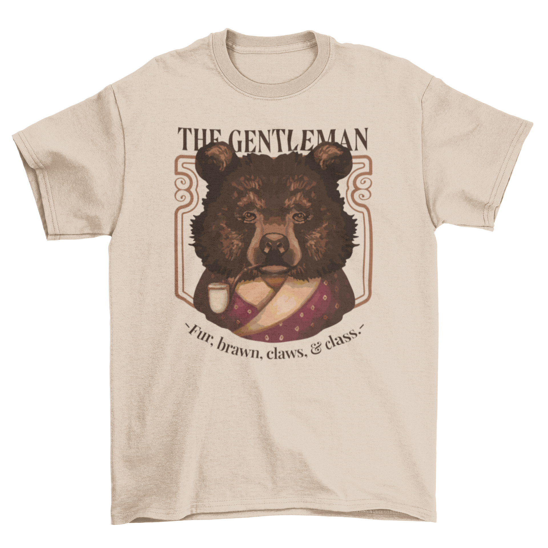 A stylish t-shirt featuring a bear character and the quote 'The gentleman- Fur, brawn, claws, & class.'