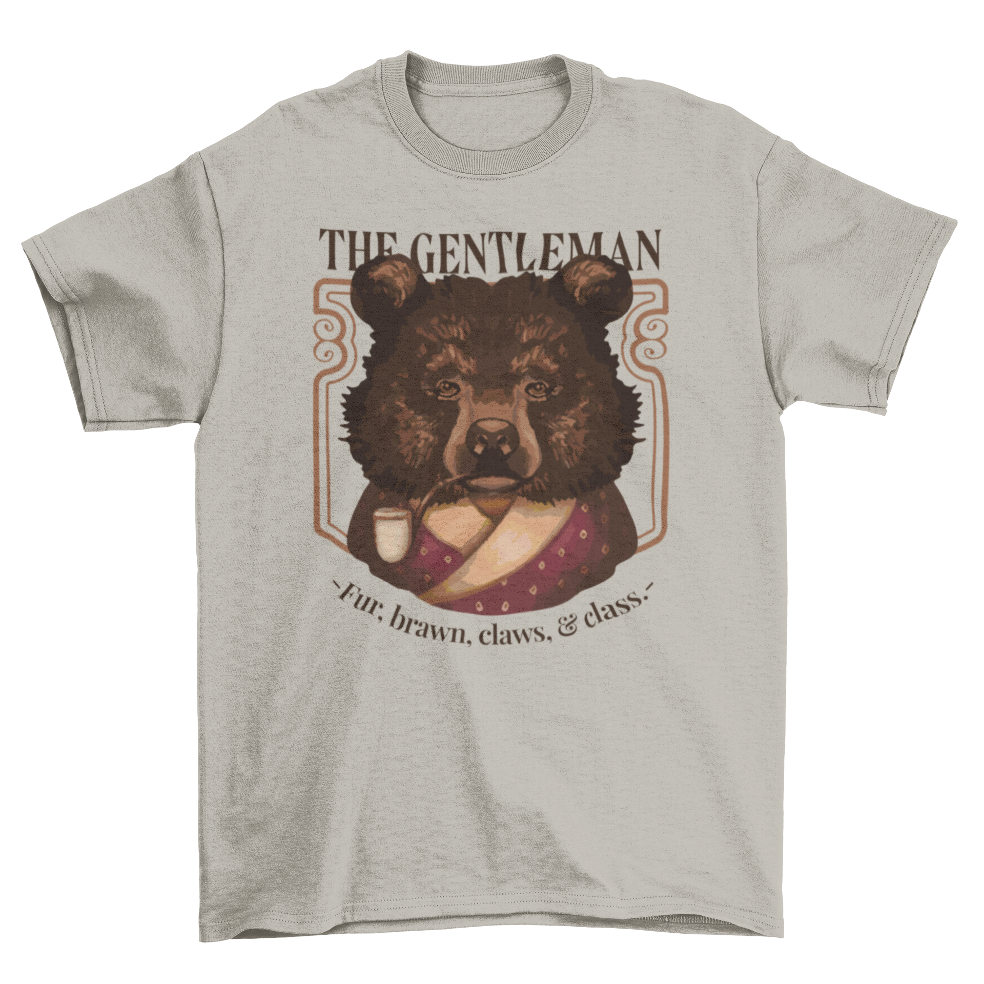 A stylish t-shirt featuring a bear character and the quote 'The gentleman- Fur, brawn, claws, & class.'