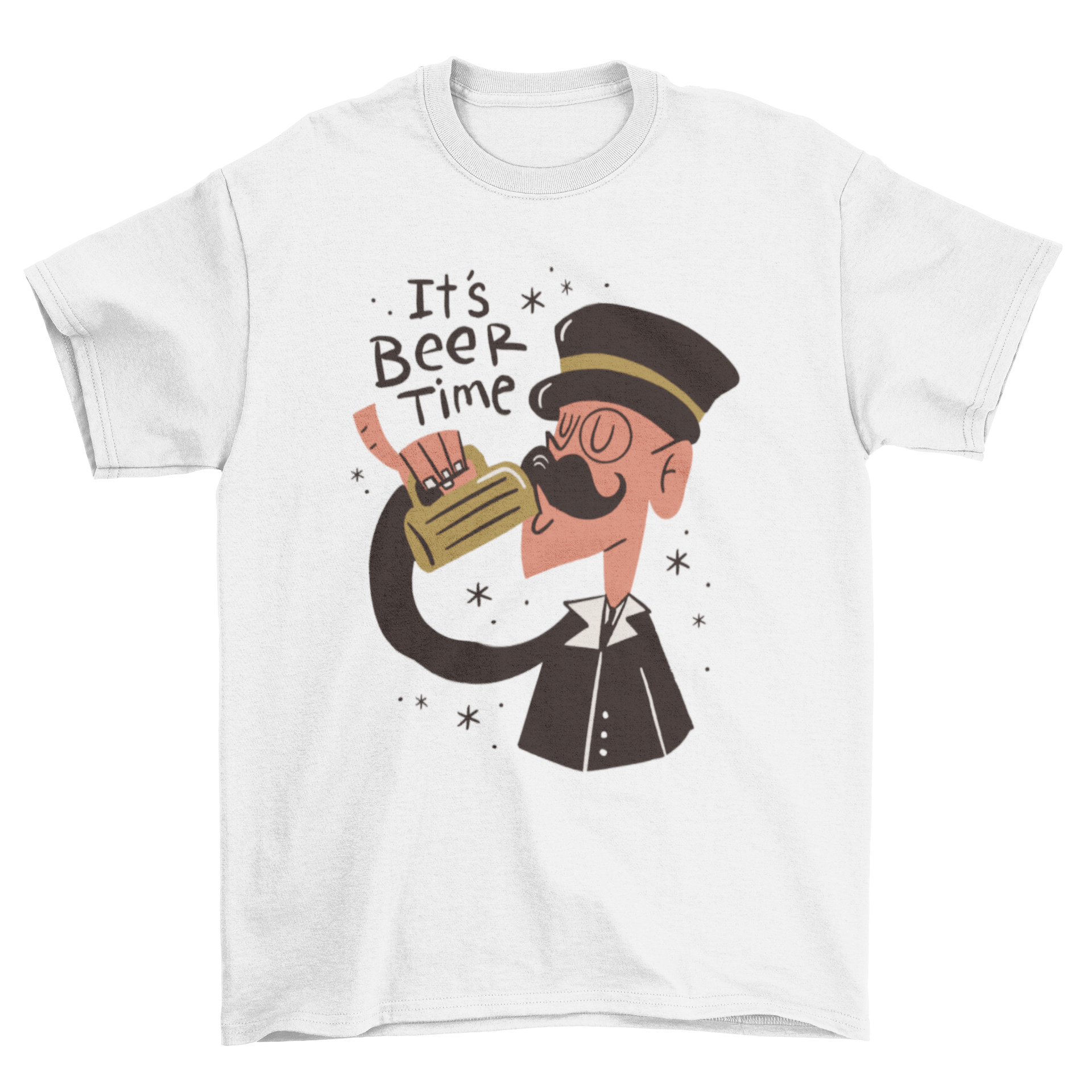 A stylish t-shirt featuring a gentleman in a top hat drinking beer with the quote 'It's beer time'.