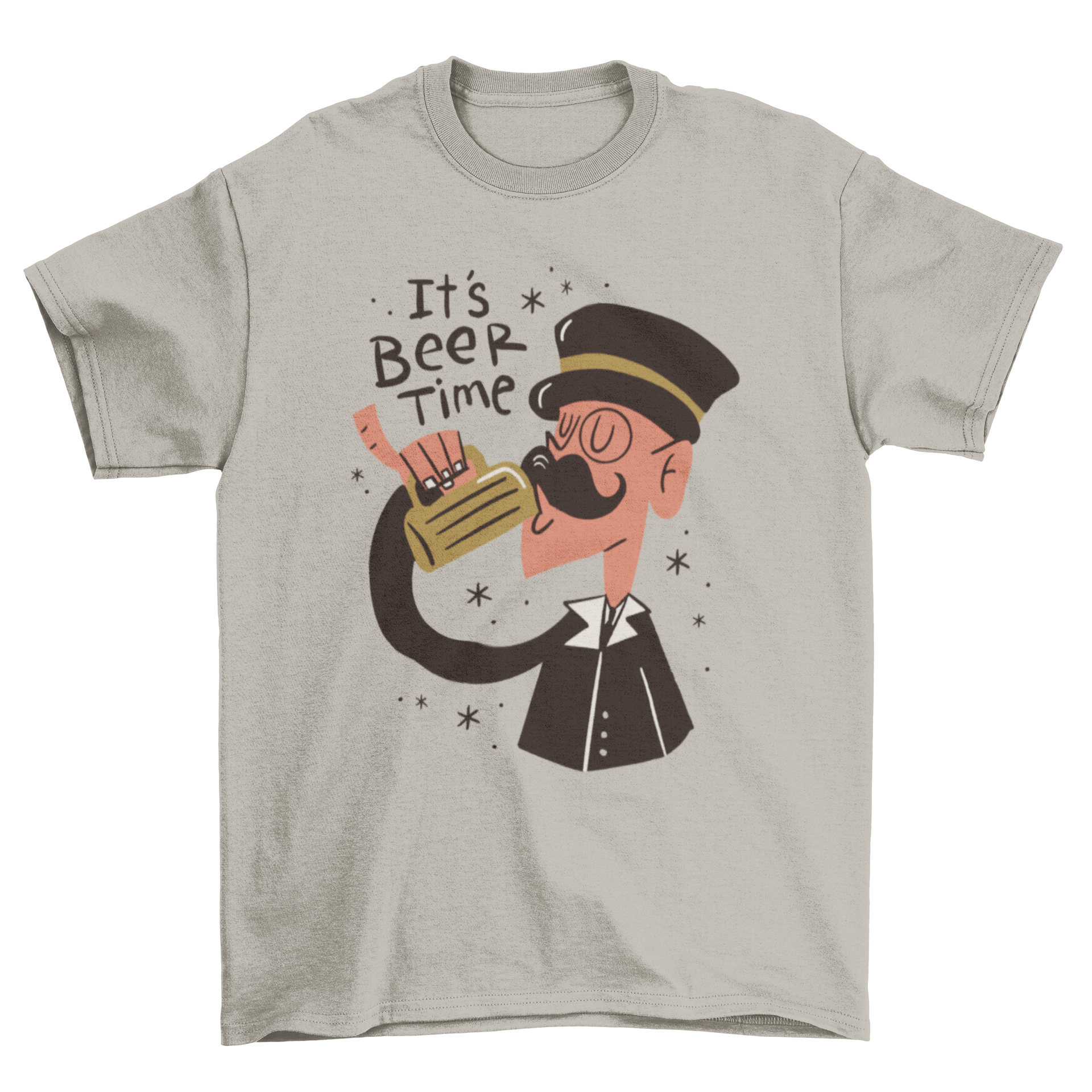 A stylish t-shirt featuring a gentleman in a top hat drinking beer with the quote 'It's beer time'.