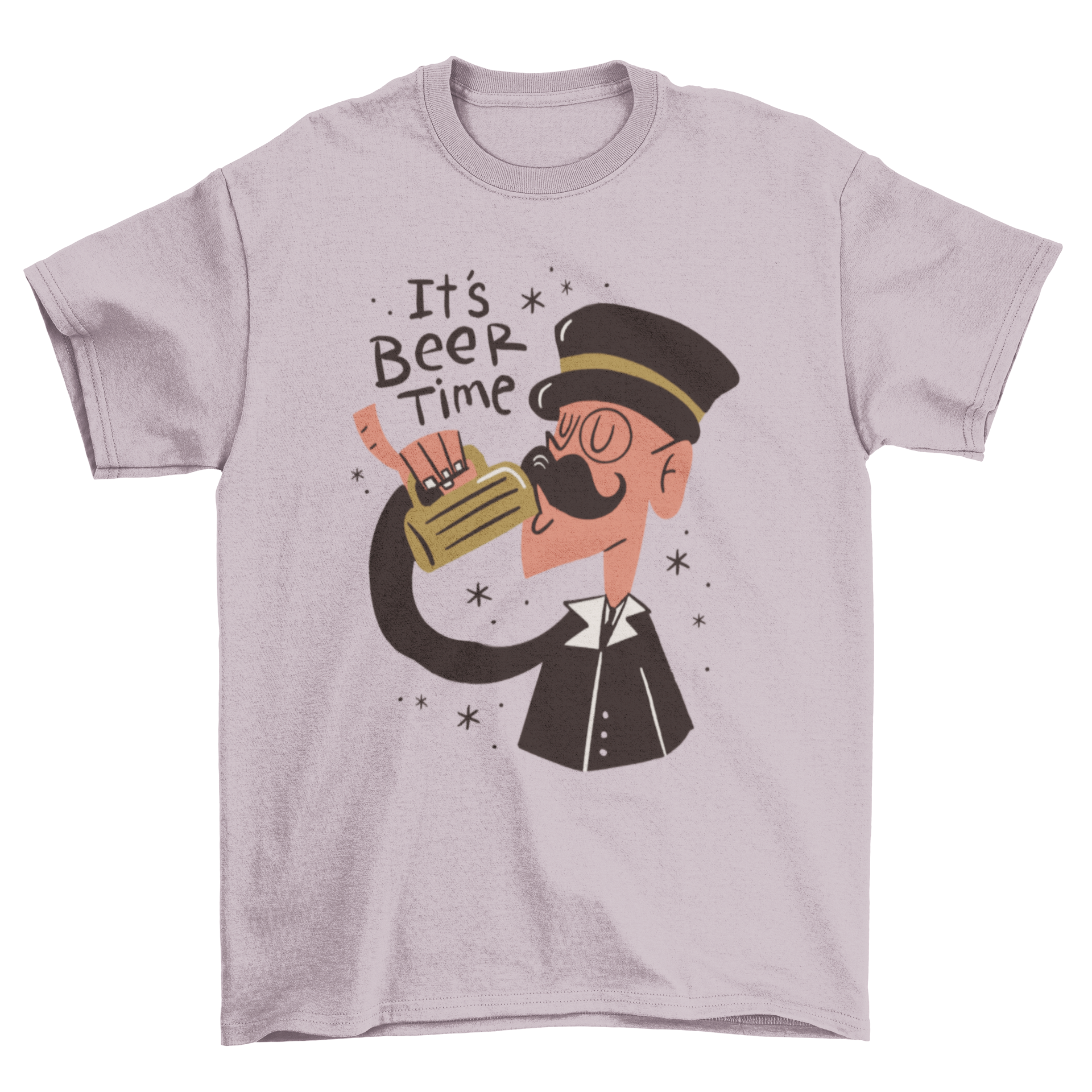 A stylish t-shirt featuring a gentleman in a top hat drinking beer with the quote 'It's beer time'.