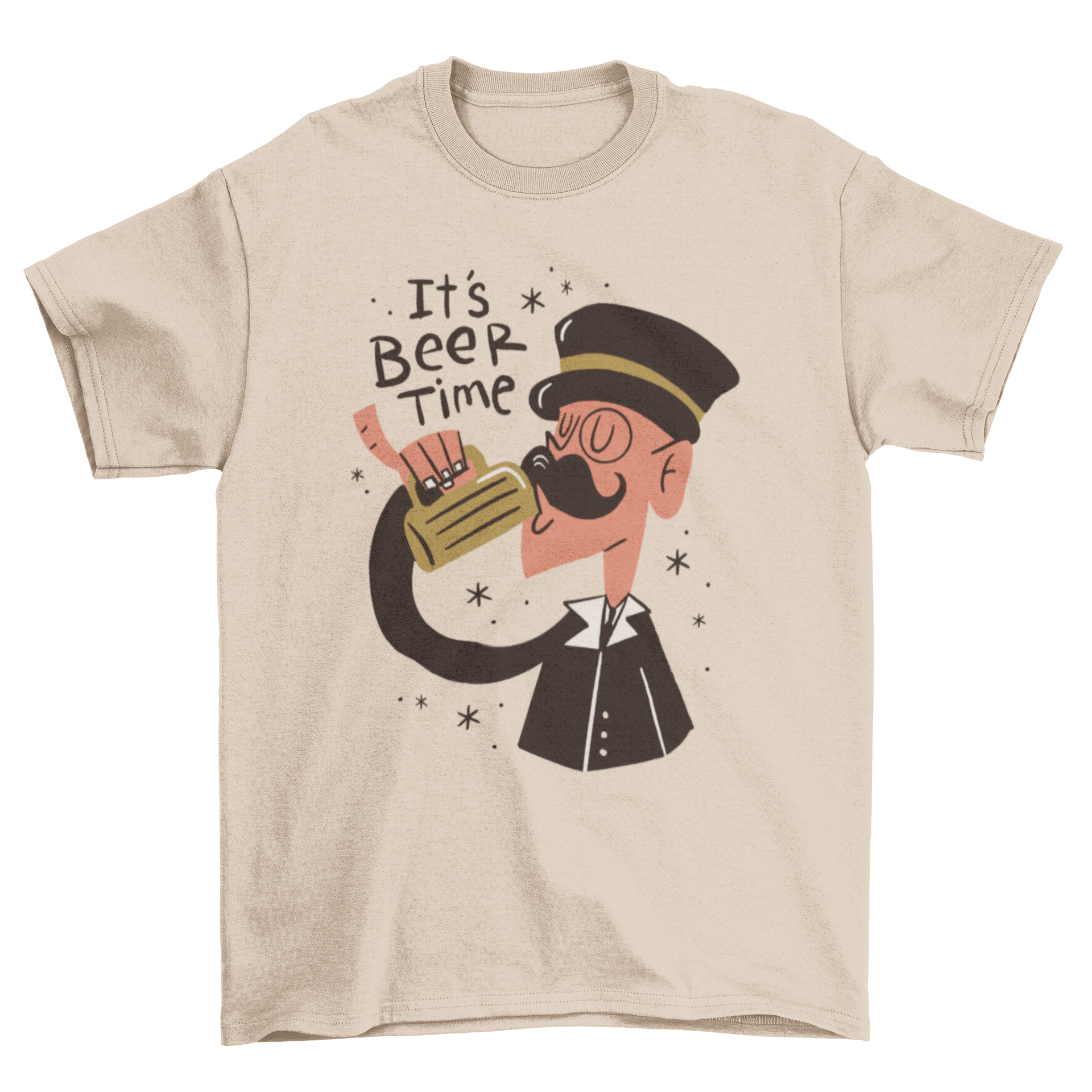 A stylish t-shirt featuring a gentleman in a top hat drinking beer with the quote 'It's beer time'.