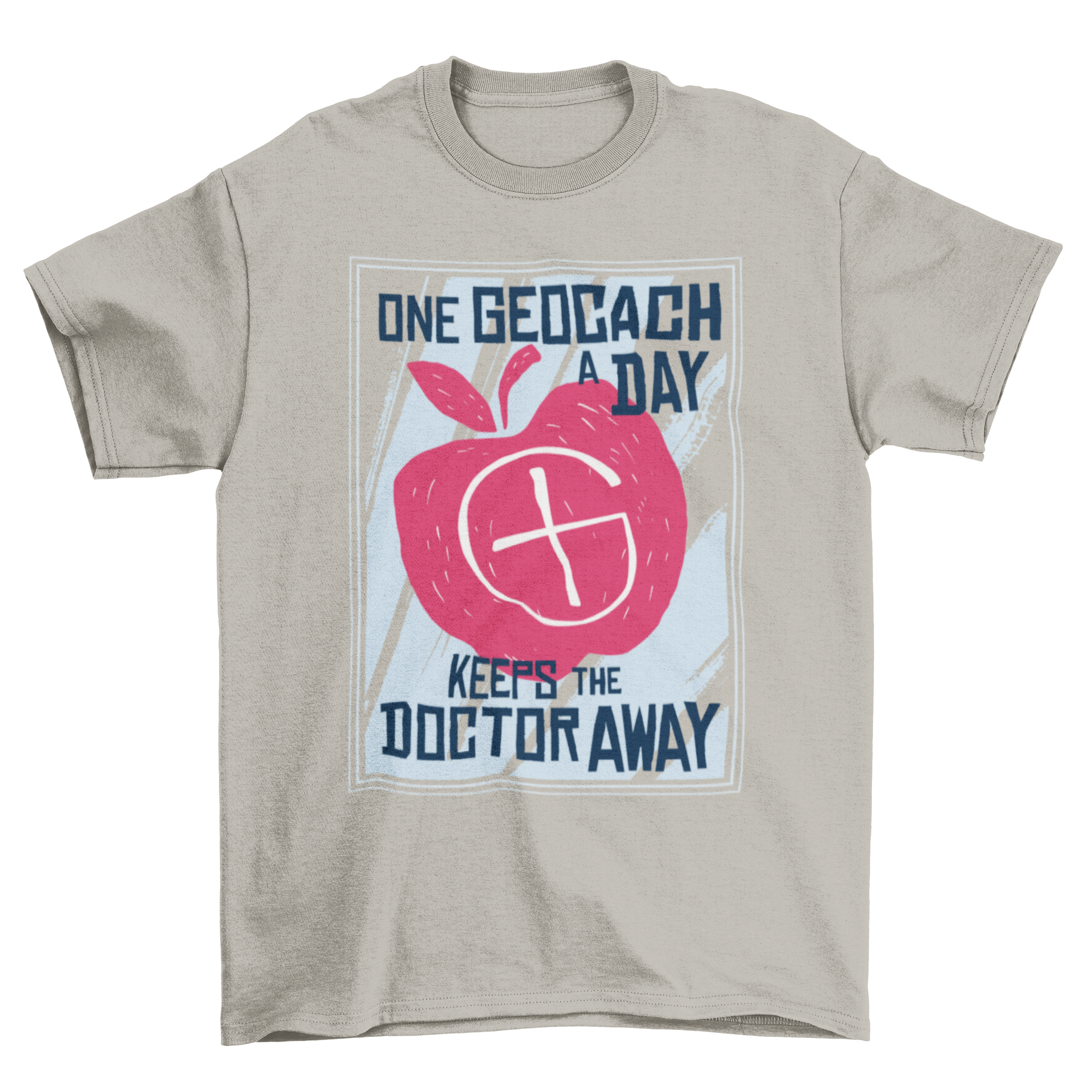 Geocache Lettering T-shirt featuring an apple design and geocaching logo with text.