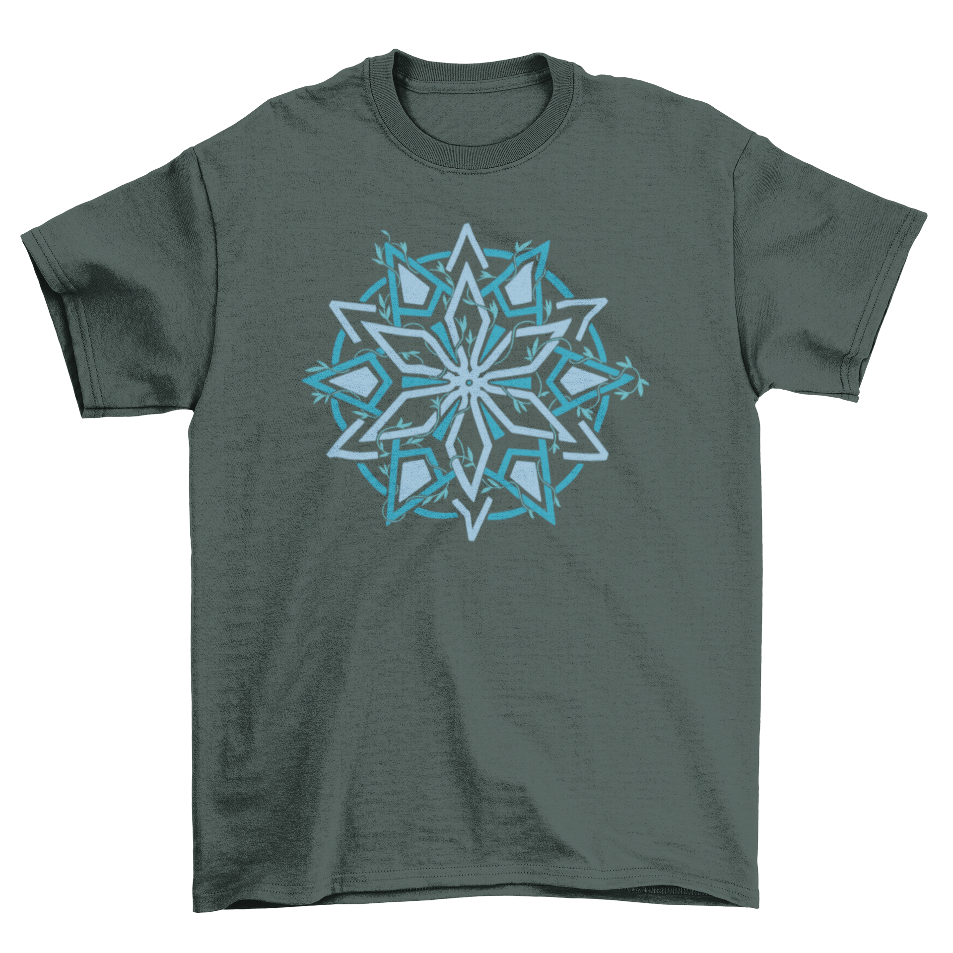 Geometric floral star t-shirt featuring a unique star design with leaves, perfect for casual wear.