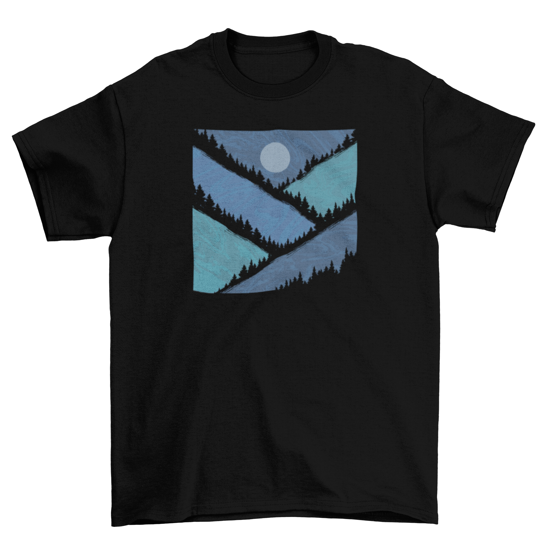 A stylish Geometric Mountains T-shirt featuring a night sky illustration with geometric mountain shapes.