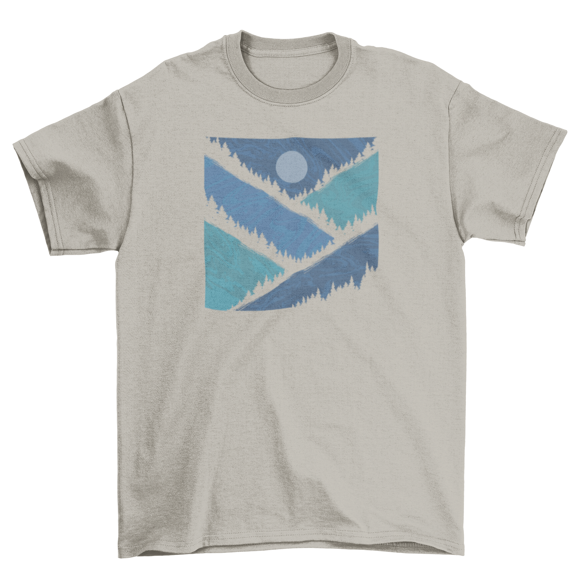 A stylish Geometric Mountains T-shirt featuring a night sky illustration with geometric mountain shapes.