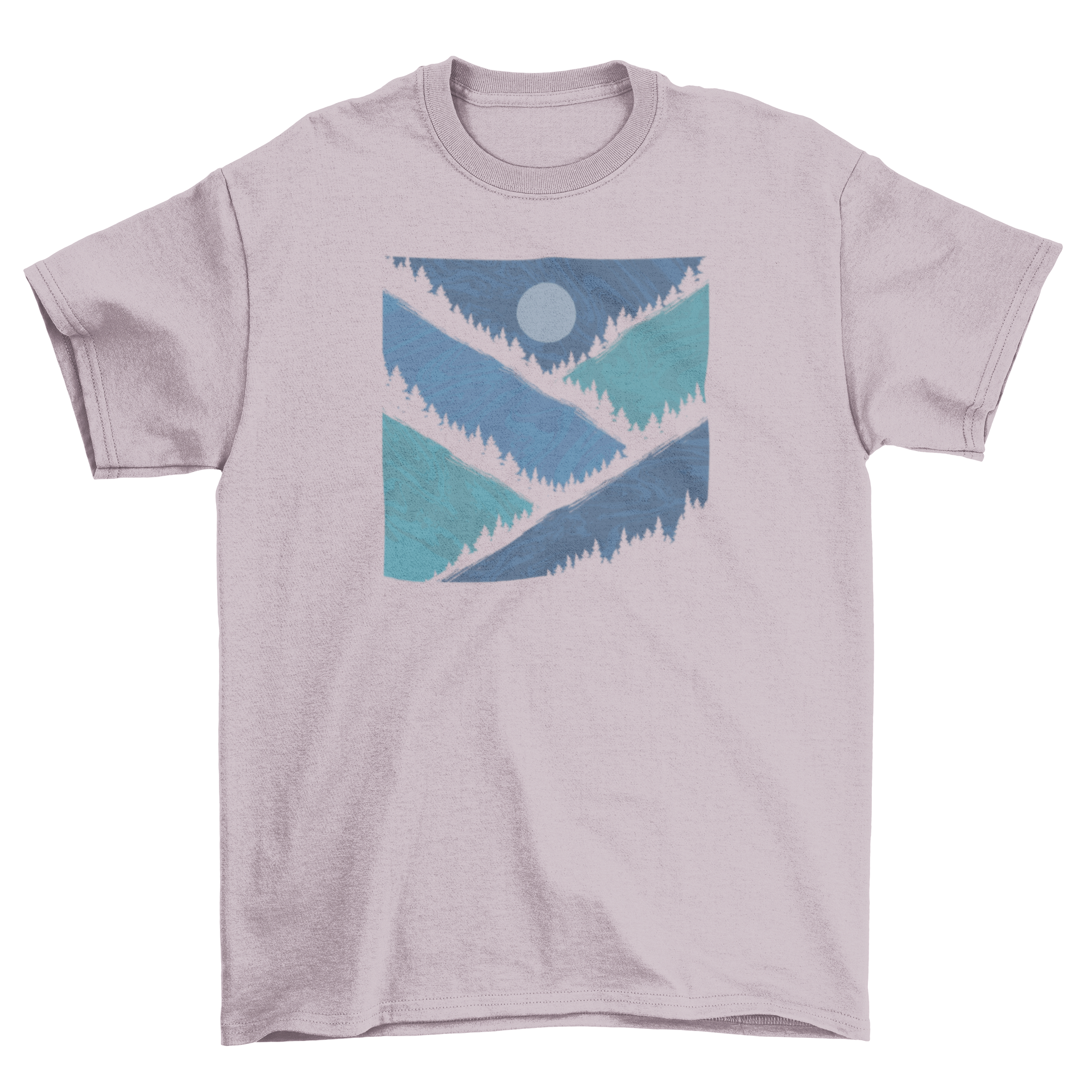 A stylish Geometric Mountains T-shirt featuring a night sky illustration with geometric mountain shapes.