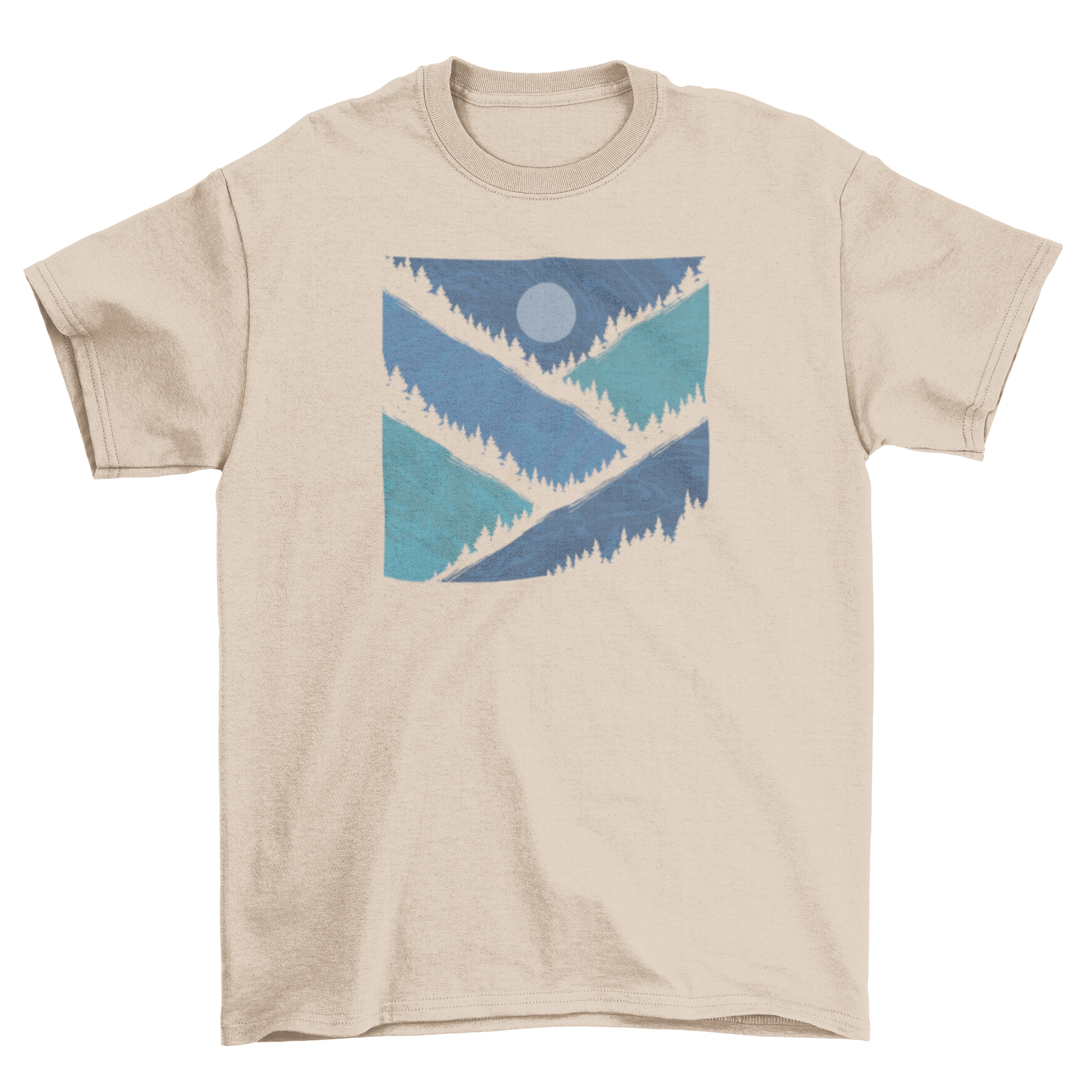 A stylish Geometric Mountains T-shirt featuring a night sky illustration with geometric mountain shapes.